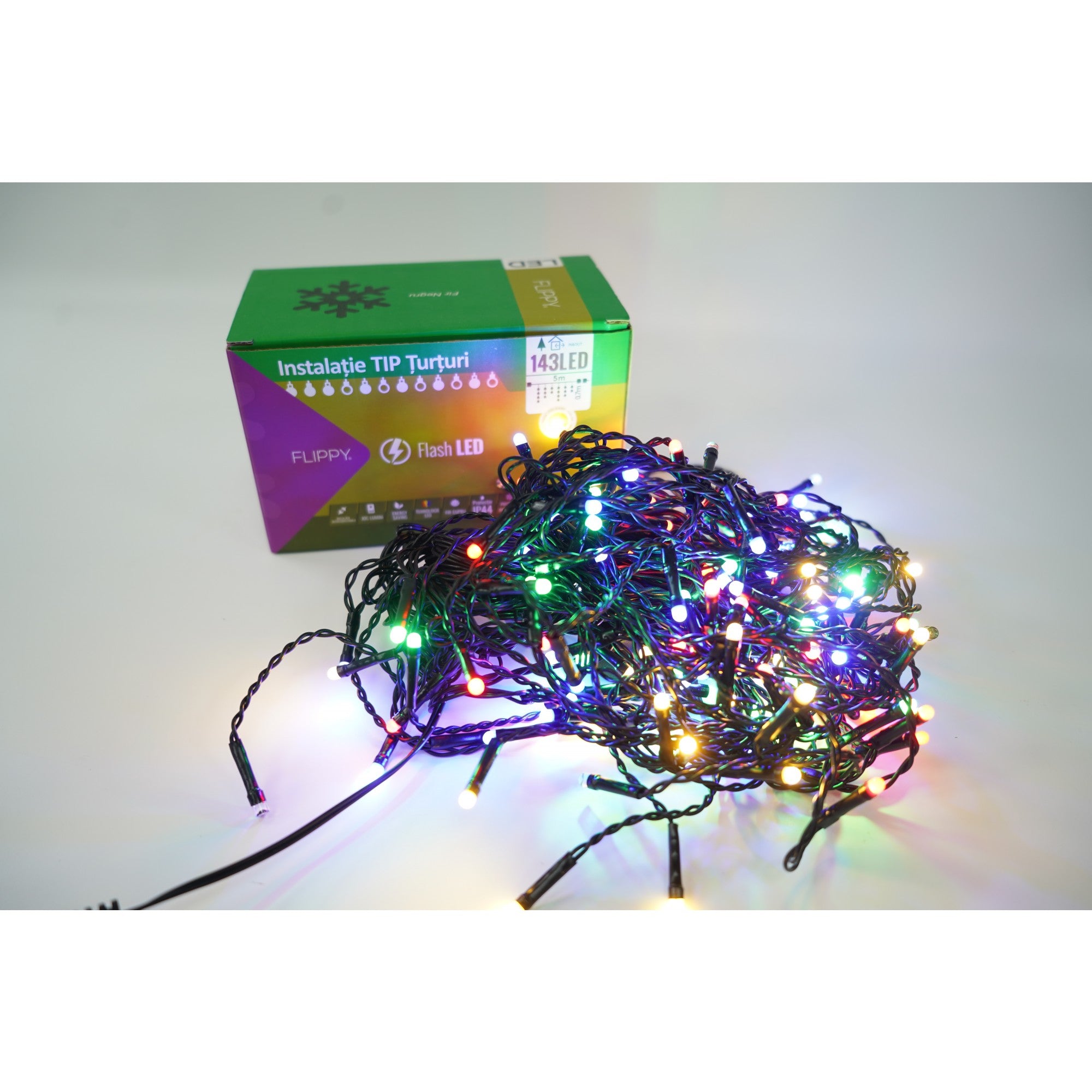 Instalatie de Craciun ® Tip Turturi, Franjuri cu Flash, Sectiune 5 m, 143 LED-uri, Interconectabila, Fir Negru, Multicolor