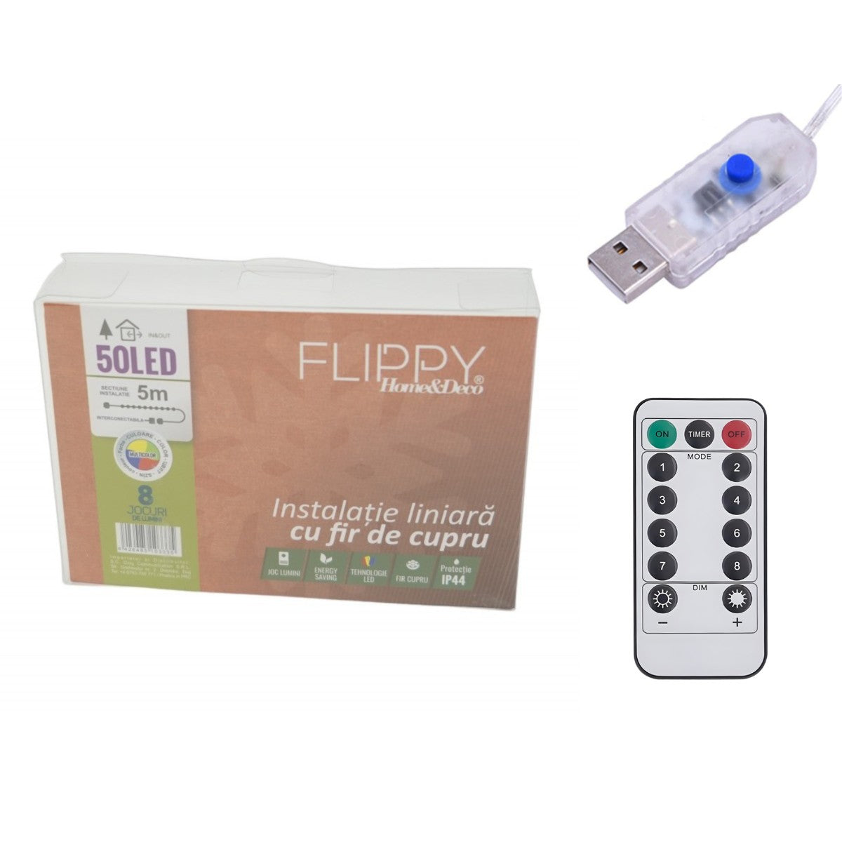 Instalatie de Craciun Liniara®, Tip Liniara, Fir Cupru, 8 Jocuri de Lumini, cu Telecomanda, 5 m, 50 Led-uri, Alimentare USB, 4.5V, Multicolor