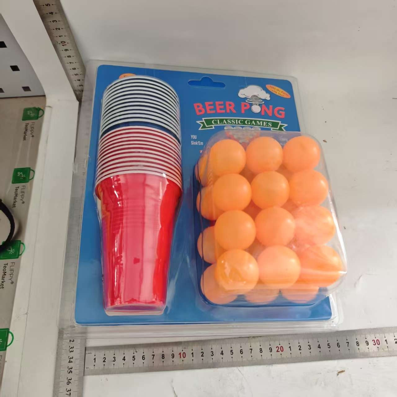 Joc de Baut BEER PONG, Set din 24 Mingi de Tenis si 24 Pahare Reutilizabile, Joc Interactiv pentu Adulti, Albastru Portocaliu