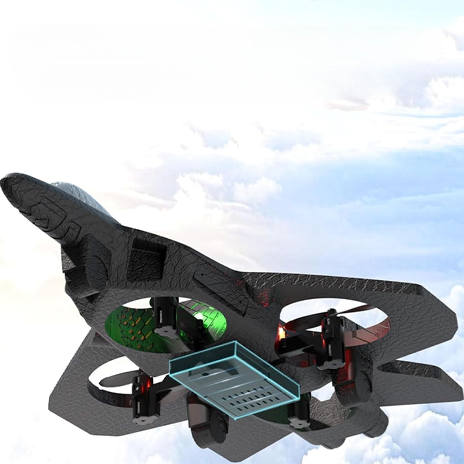 Avion de Lupta cu Telecomanda, Tip Drona, din EVA (Spuma), cu Telecomanda, Incarcare USB, 2.4 GHz, Rotire 360°, Zbor pana la 120 m, LED, 25.5 x 18 x 5.2 cm, Negru-Rosu