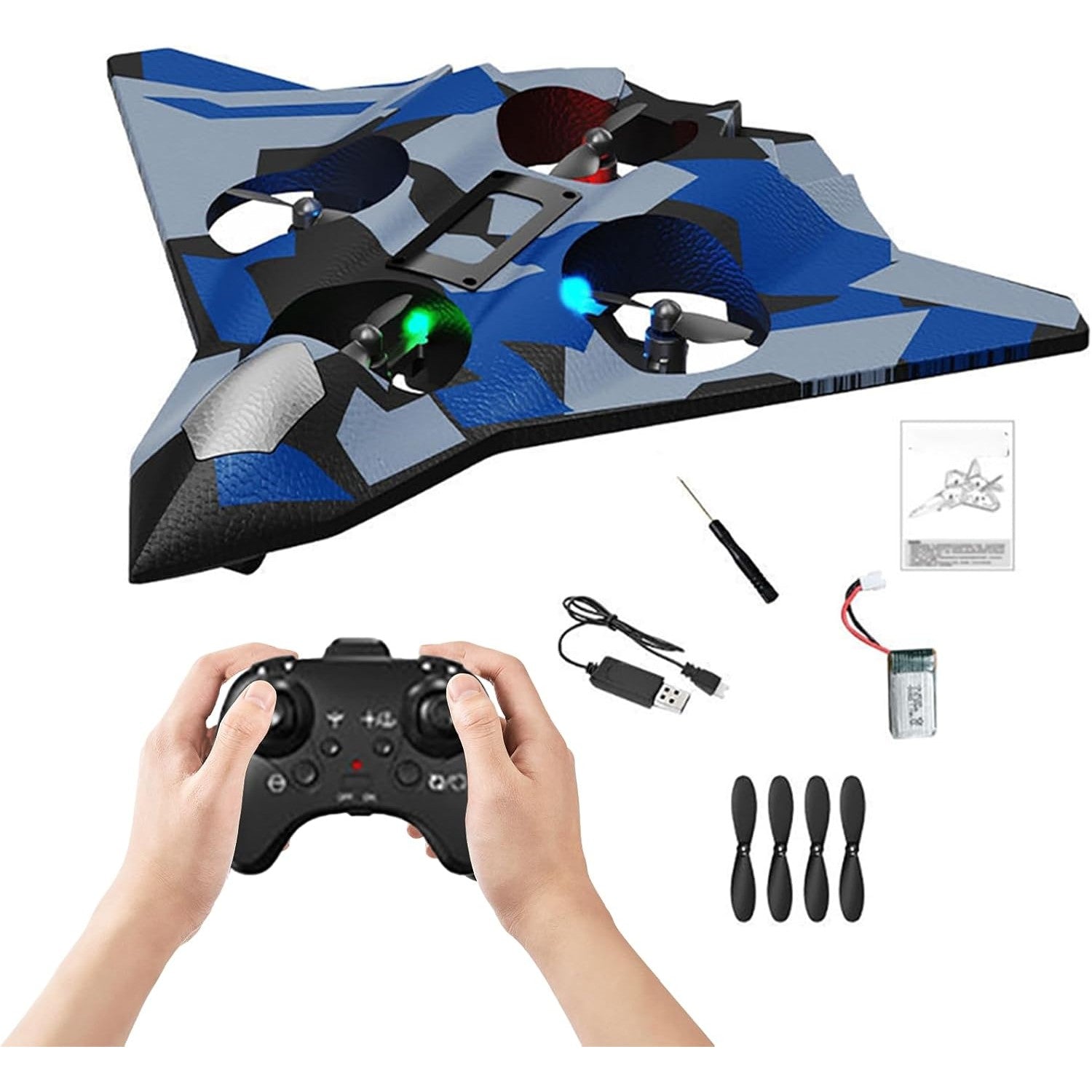 Avion de Lupta cu Telecomanda, Tip Drona, din EVA (Spuma), cu Telecomanda, Incarcare USB, 2.4 GHz, Rotire 360°, Zbor pana la 100 m, LED, 24 x 25.5 x 4.2 cm, Model Army, Albastru