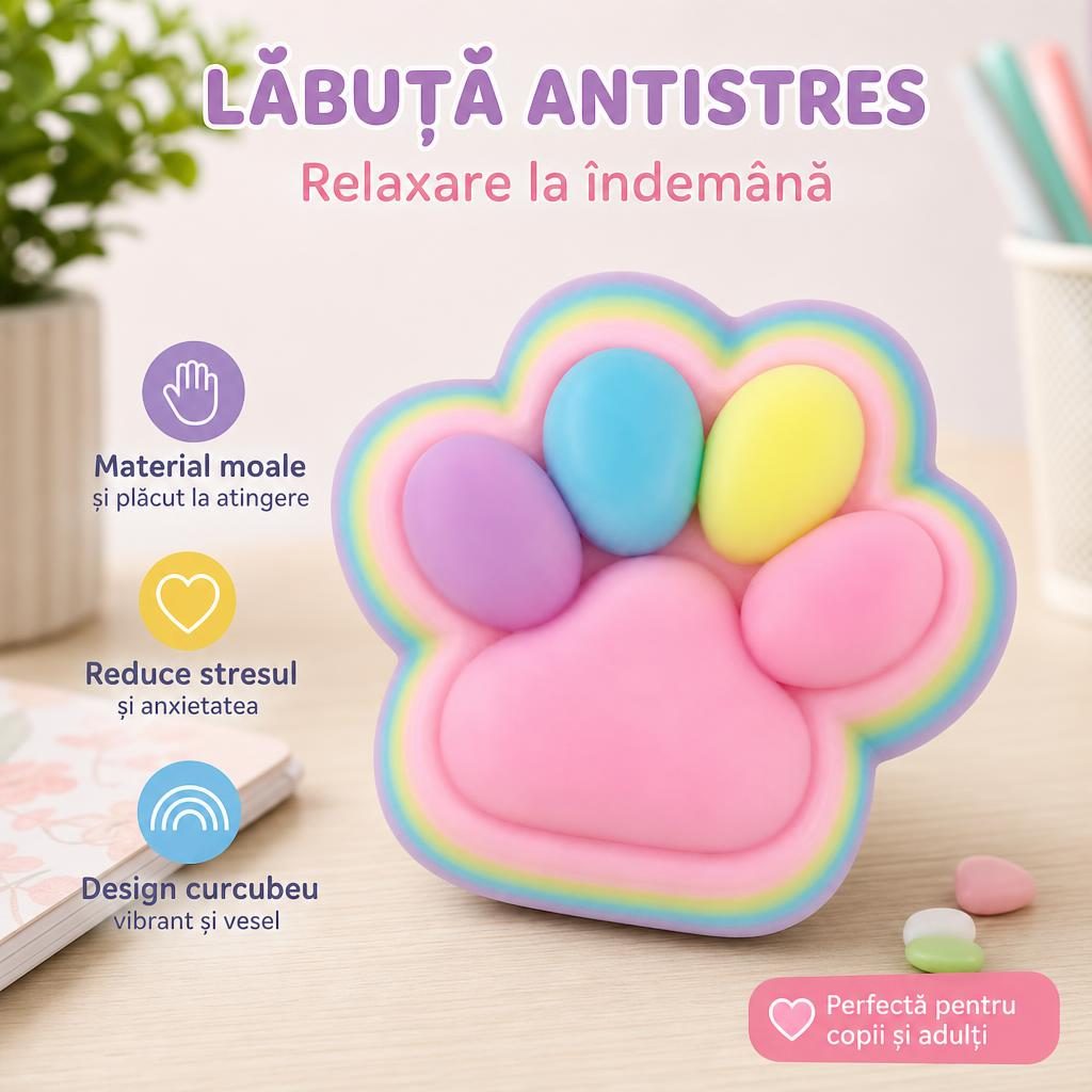 Jucarie Antistres Squishy, cu Revenire Lenta, Labuta de Pisica Pufoasa, 7.5 cm, Ambalaj Transparent, Model 27053, Multicolor
