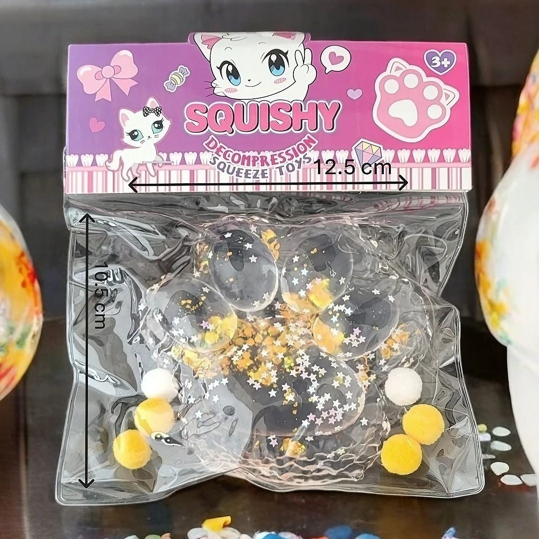 Jucarie Antistres Squishy, Flippy, cu Revenire Lenta, Model Labuta de Pisica Pufoasa, 12.5x10.5 cm, 220g, Squeeze Pinch Family, Galben Transparent