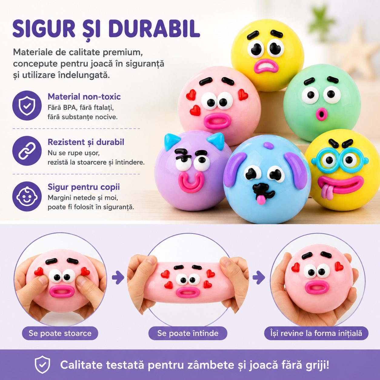 Jucarie Antistres Squishy, Model Fete Amuzante, Forma Rotunda, Moale si Compresibila, pentru Relaxare si Joaca Senzoriala, Culoare Aleatorie
