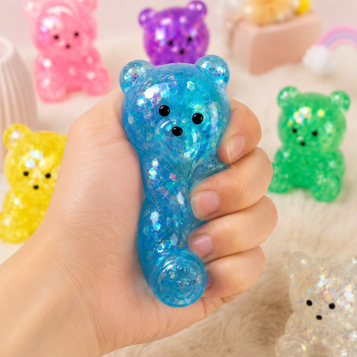 Jucarie Antistres Squishy, Model Ursulet, Transparenta cu Paiete Decorative, Moale si Compresibila, pentru Relaxare si Joaca Senzoriala, Culoare Aleatorie