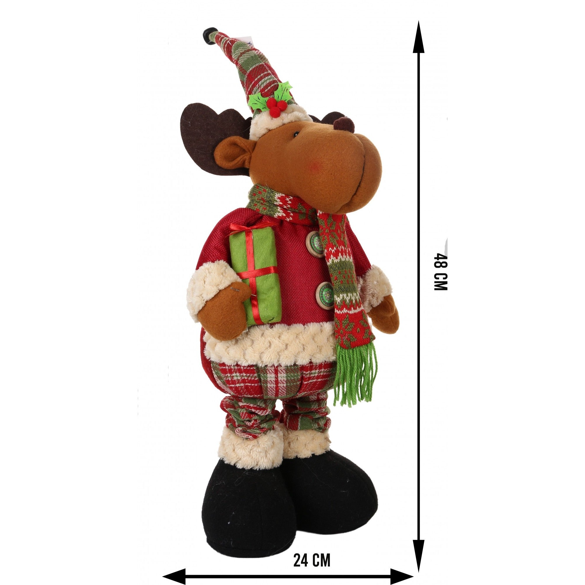 Jucarie decorativa, Ren, inaltime 48 cm, cu extensie pana la 68 cm, latime 24 cm, lana, tesatura de plus, poliester, interior/exterior