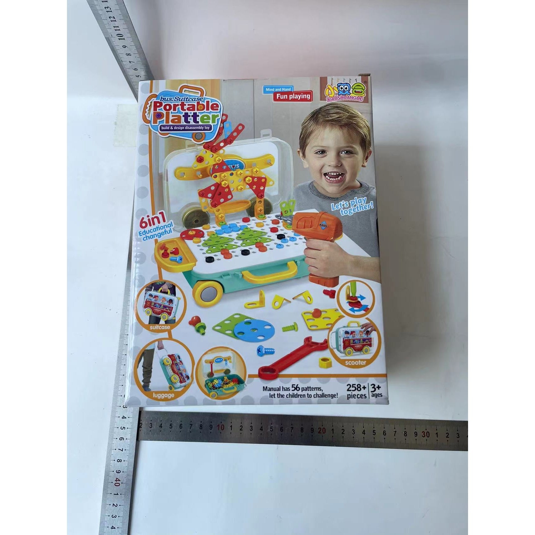 Jucarie educativa pentru copii, Set 258 piese, 6 in 1, Valiza cu bormasina, Multicolor
