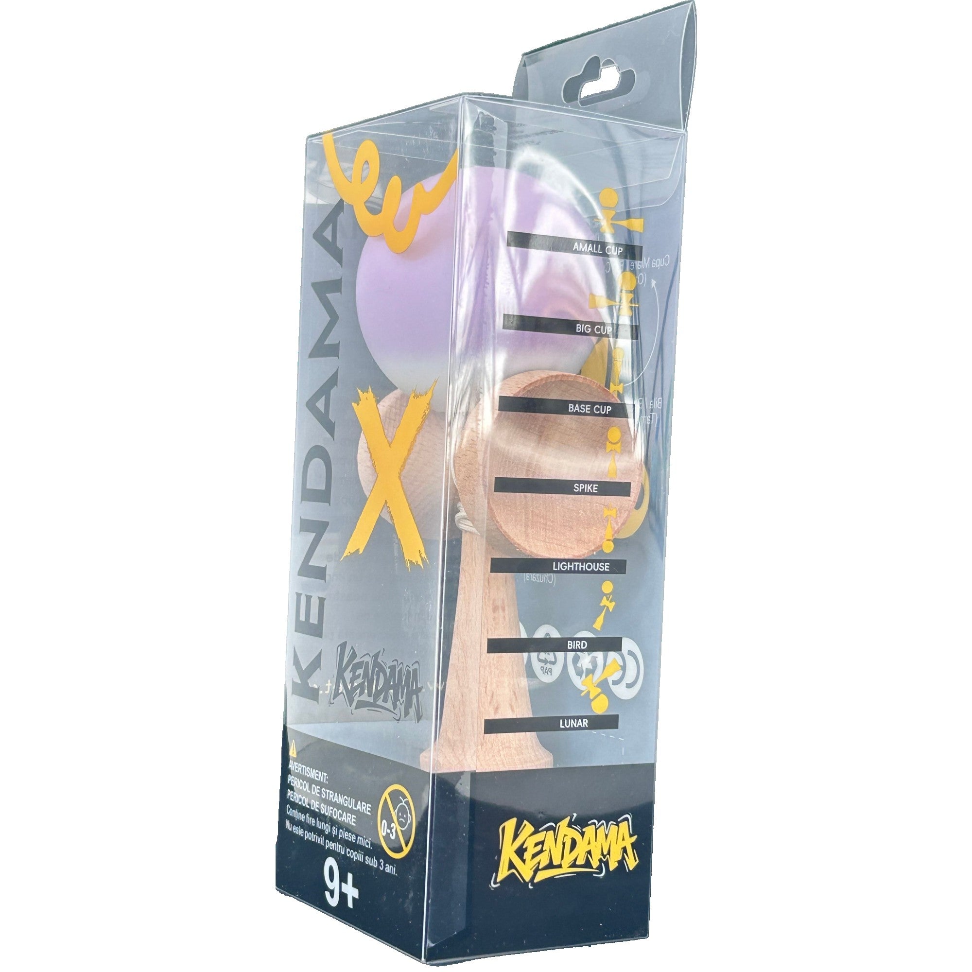 Kendama X Originala, Profesionala, din Lemn, Rubber Grip, 18 cm, Gradient Lila/Alb