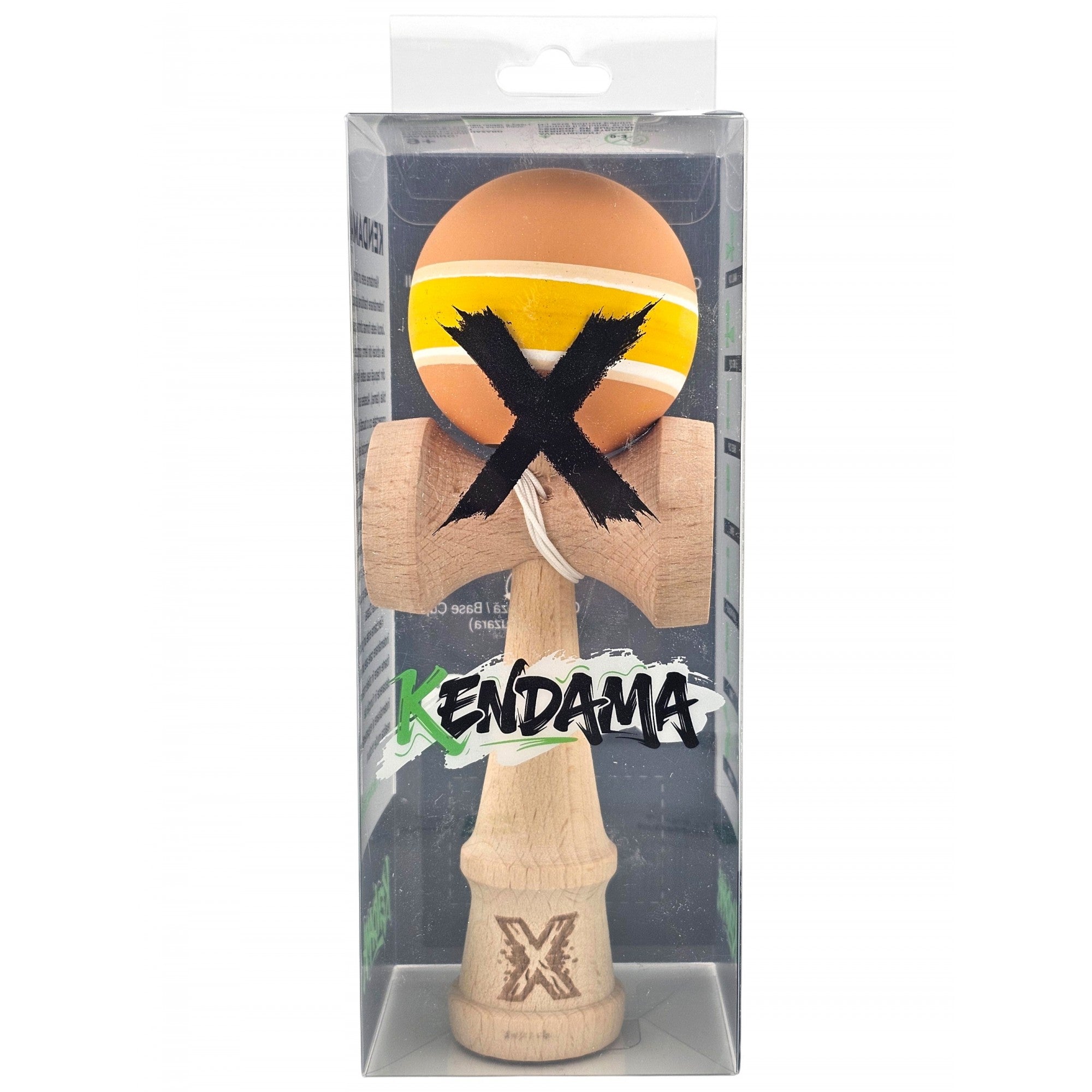 Kendama X Originala, Profesionala, din Lemn cu Bila cu Invelis din Cauciuc, 18 x 6 x 7 cm, Rubber Grip, Portocaliu/Galben/Alb