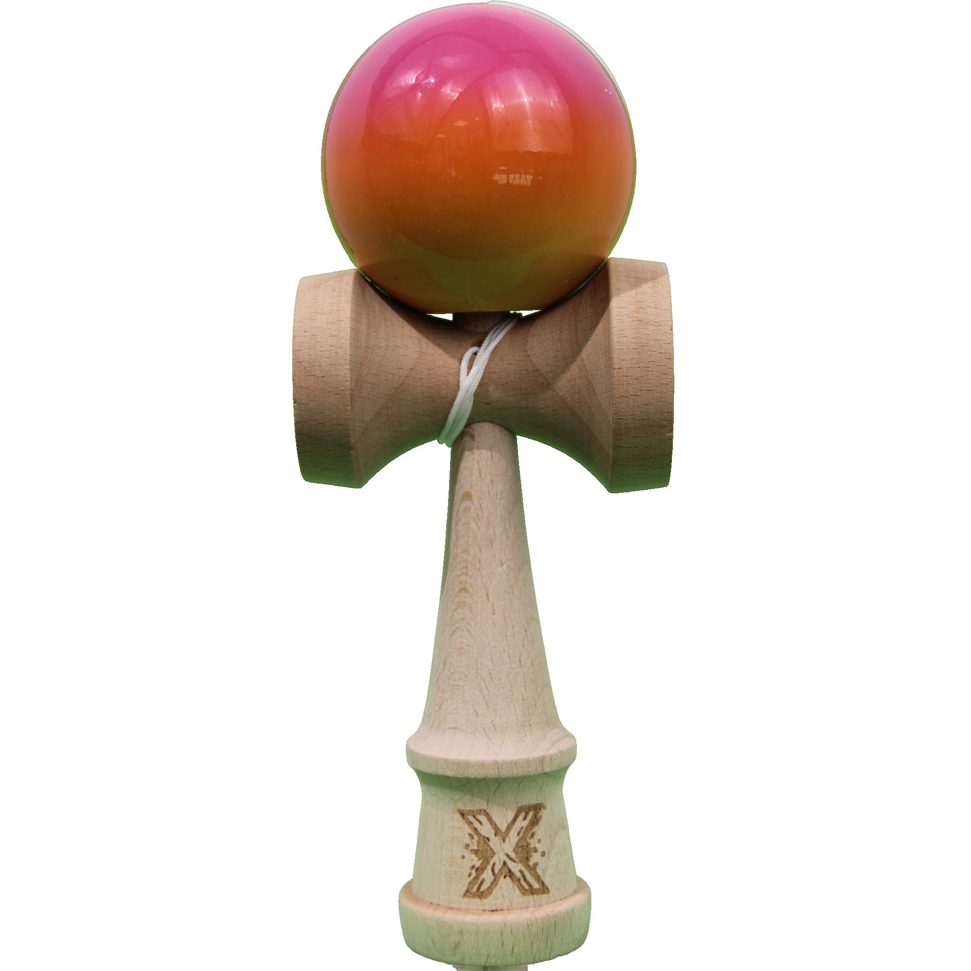 Jucarie Kendama X Originala, Profesionala, Super Sticky din Lemn, 18 cm, Gradient Roz/Portocaliu/Galben
