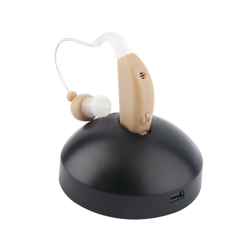 Aparat Auditiv BTE Reincarcabil, JZ-1088F, Aparat Auditiv Auxiliar cu Statie de Incarcare, In EAR, Amplificator de Sunet, din ABS Silicon, Bej