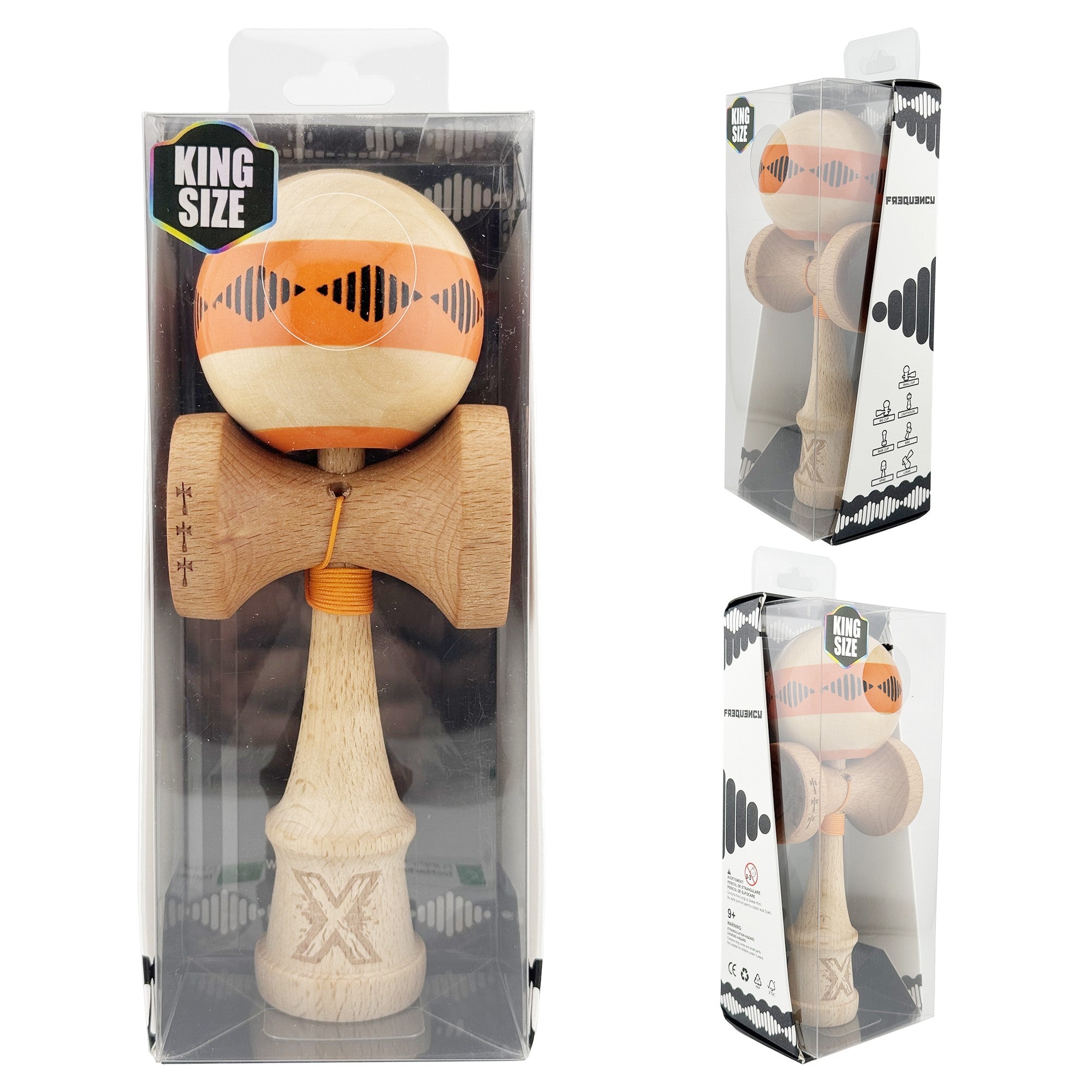 Kendama X FREQUENCY Originala, Profesionala, Big Cups V2, Super Sticky cu Cupe Mari, Rulment Metalic, din lemn 18 cm, Ata 55 cm, Portocaliu/Maro