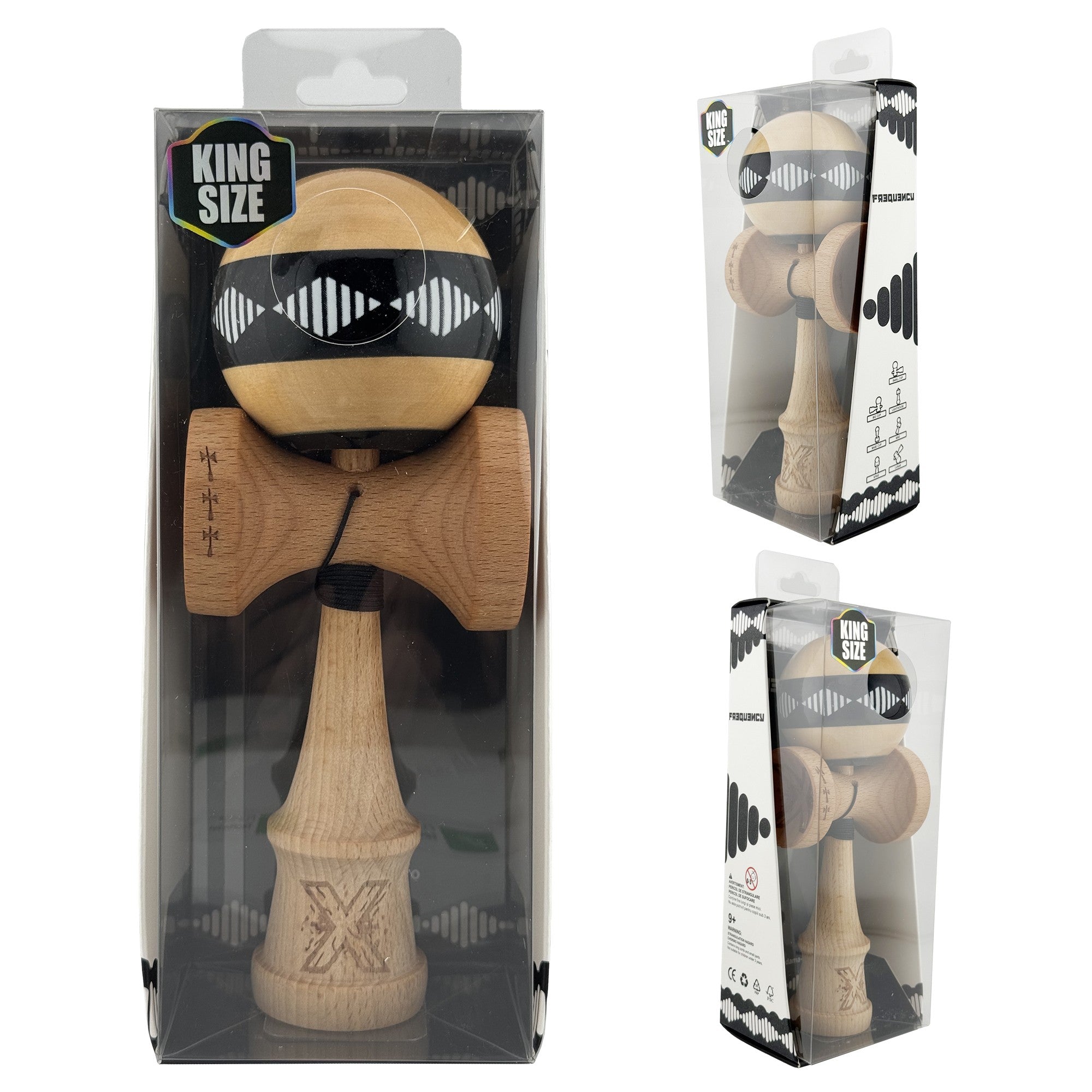 Kendama X FREQUENCY Originala, Profesionala, Big Cups V2, Super Sticky cu Cupe Mari, Rulment Metalic, din lemn 18 cm, Ata 55 cm, Negru/Maro