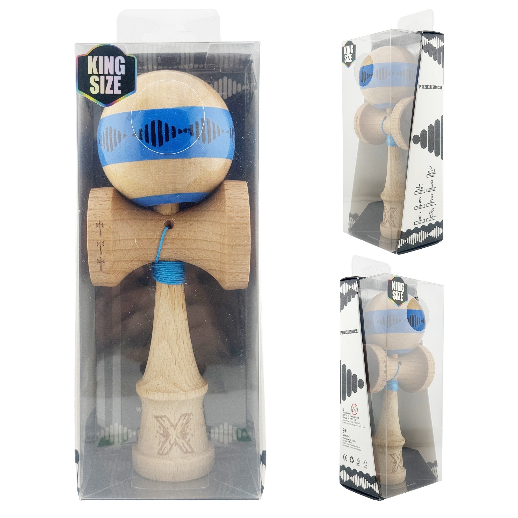 Kendama X FREQUENCY Originala, Profesionala, Big Cups V2, Super Sticky cu Cupe Mari, Rulment Metalic, din lemn 18 cm, Ata 55 cm, Albastru/Maro