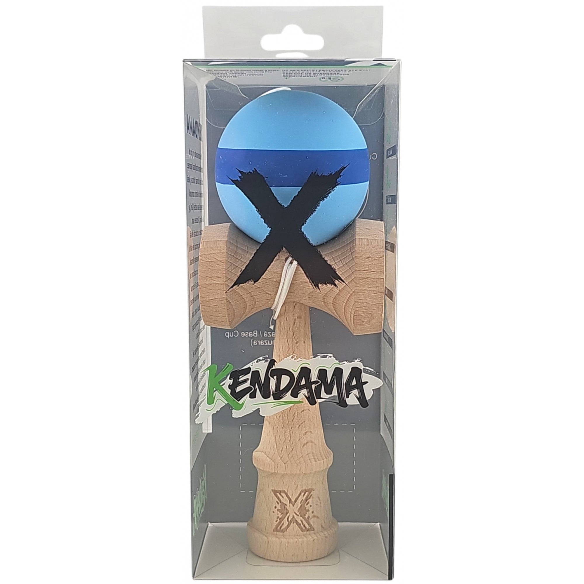 Kendama X Originala, Profesionala, 18 cm din Lemn, Model cu Dunga, Bleu/Albastru