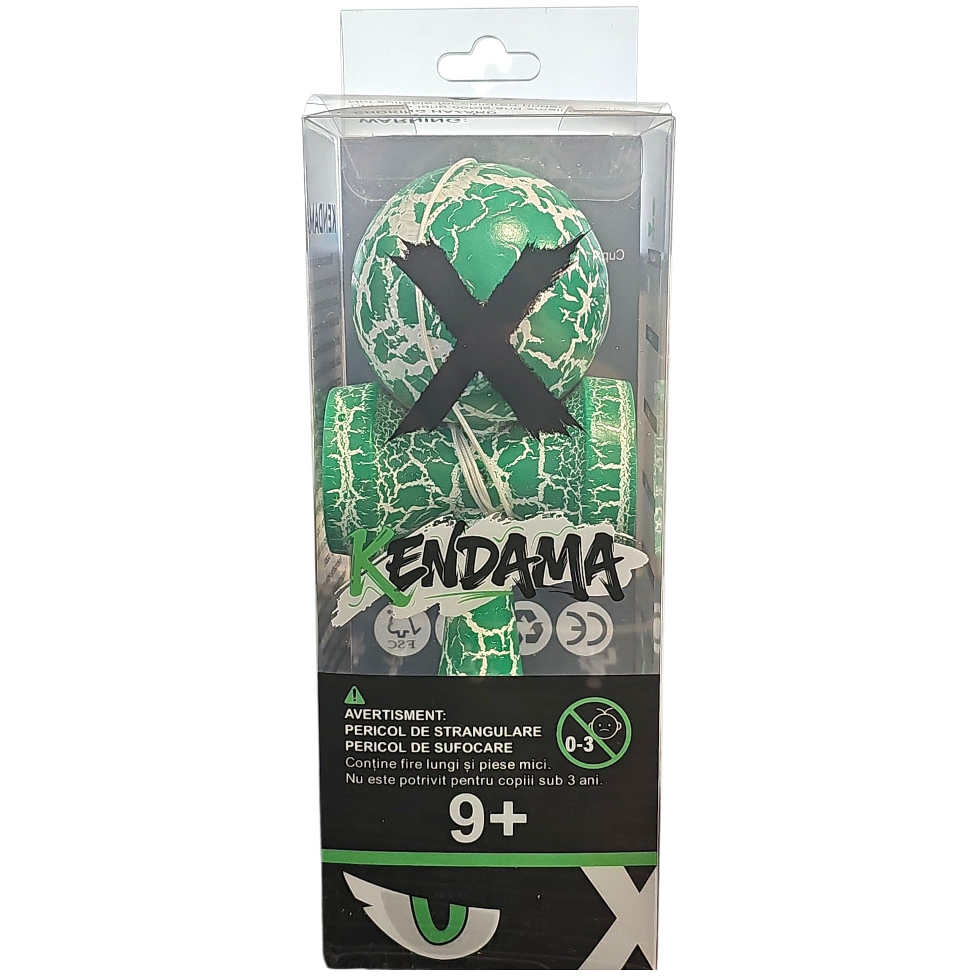 Kendama X Originala, Profesionala, Cracked, din Lemn, 18 cm, Verde/Alb
