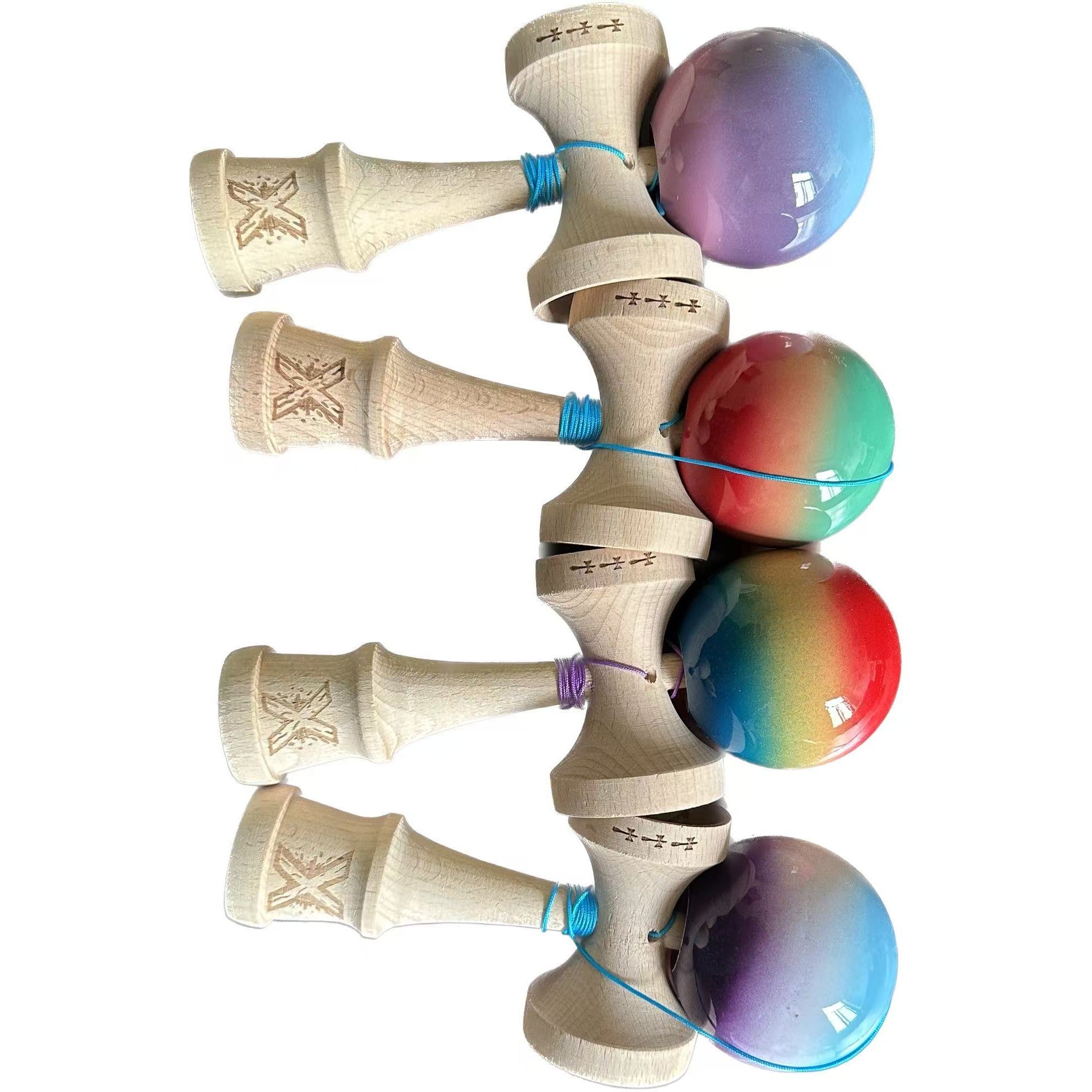 Kendama X Originala, Profesionala, din Lemn, 18 cm -largel balls+large handle +Original Super Sticky- Gradient colors MIX
