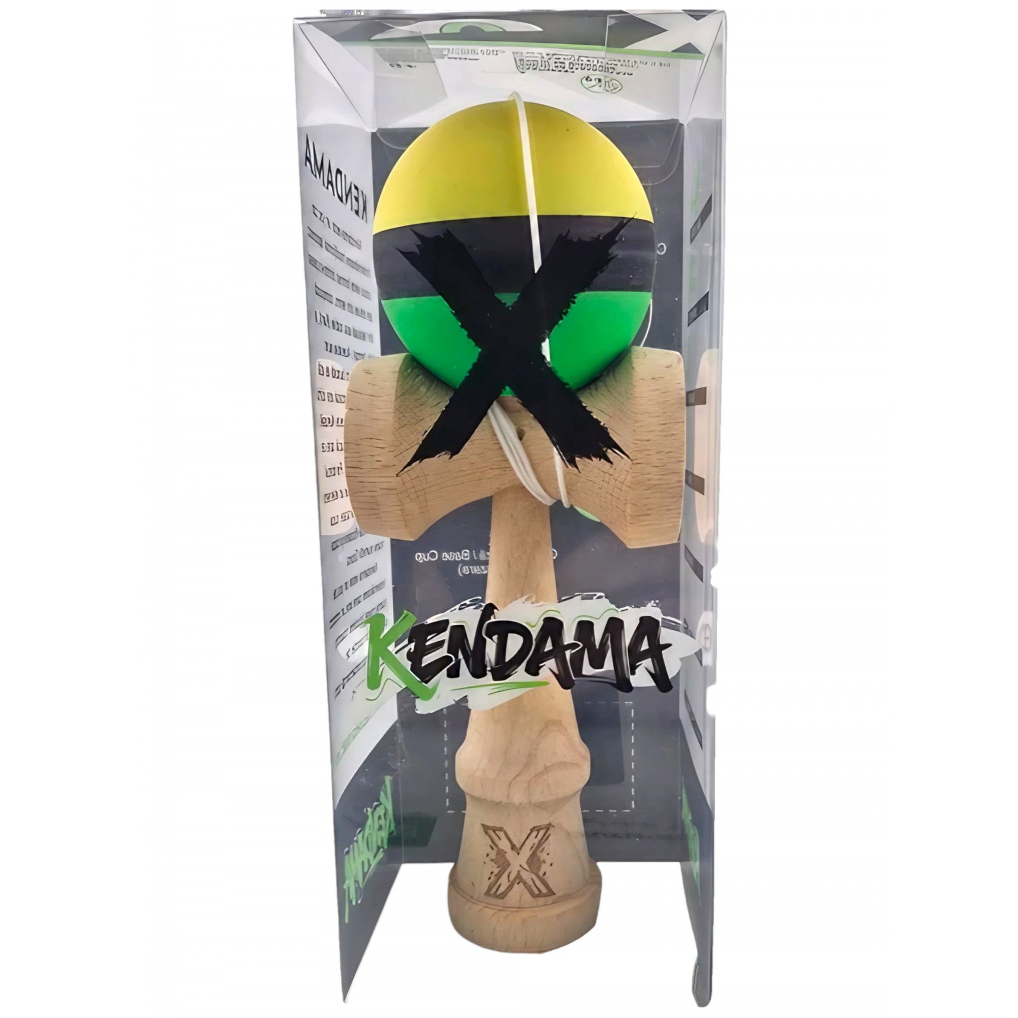 Kendama X Originala, Profesionala, din Lemn, Rubber Grip, 18 cm, Galben/Negru/Verde