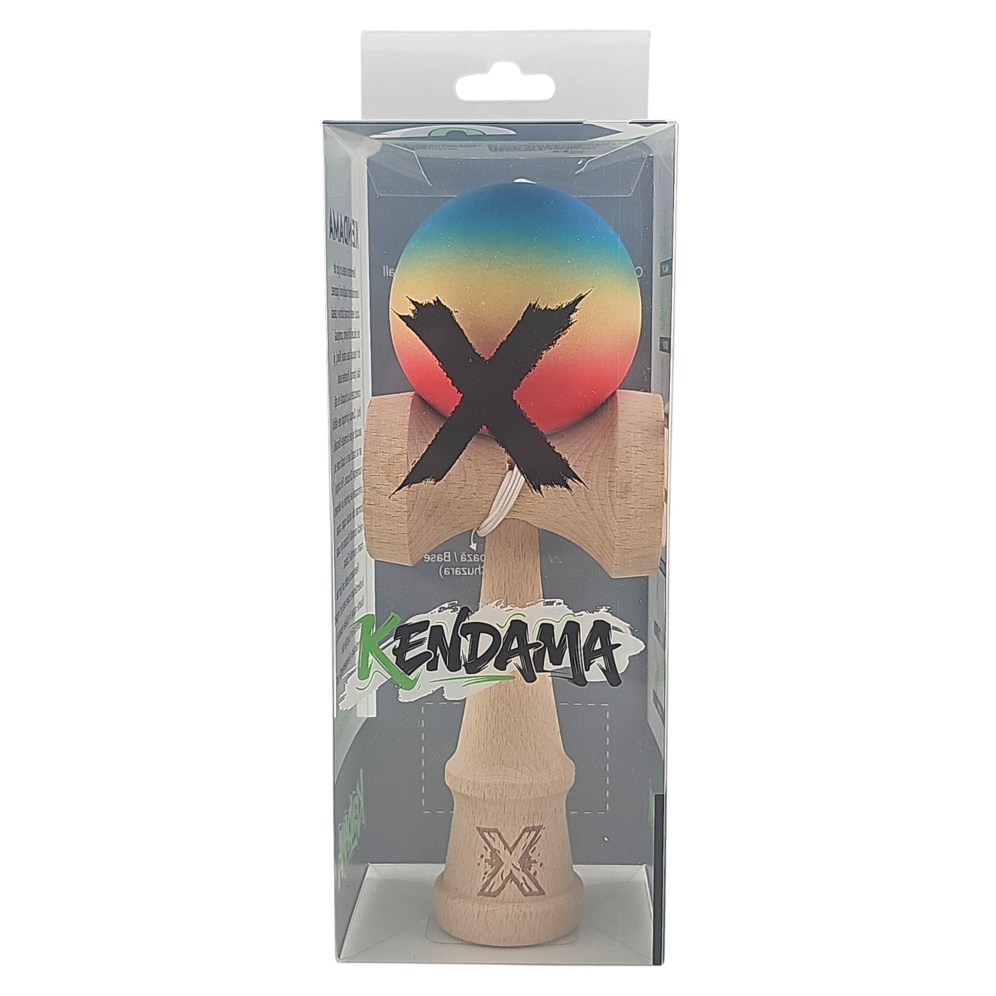 Kendama X Originala, Profesionala, din Lemn, Rubber Grip, 18 cm, Rosu/Galben/Albastru