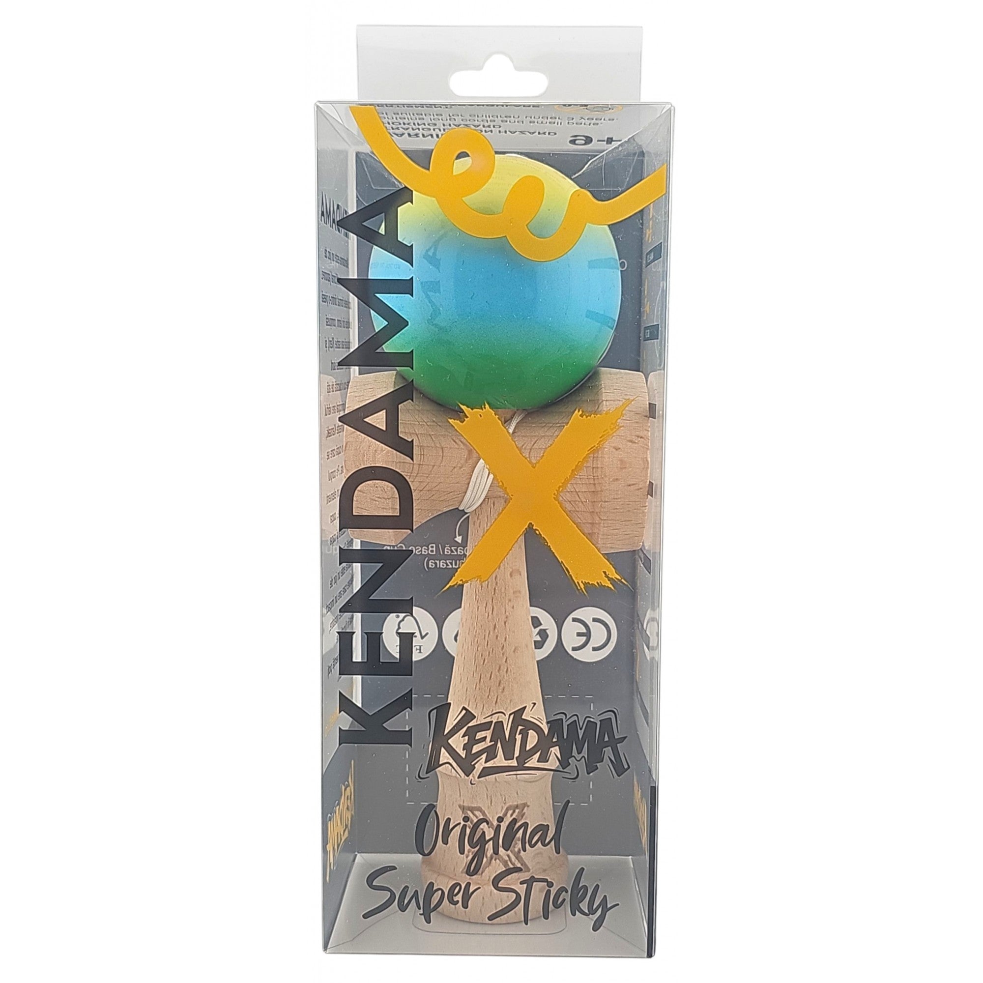 Kendama X Originala, Profesionala, Super Sticky din Lemn, 18 cm, Gradient Galben/Albastru deschis/Verde