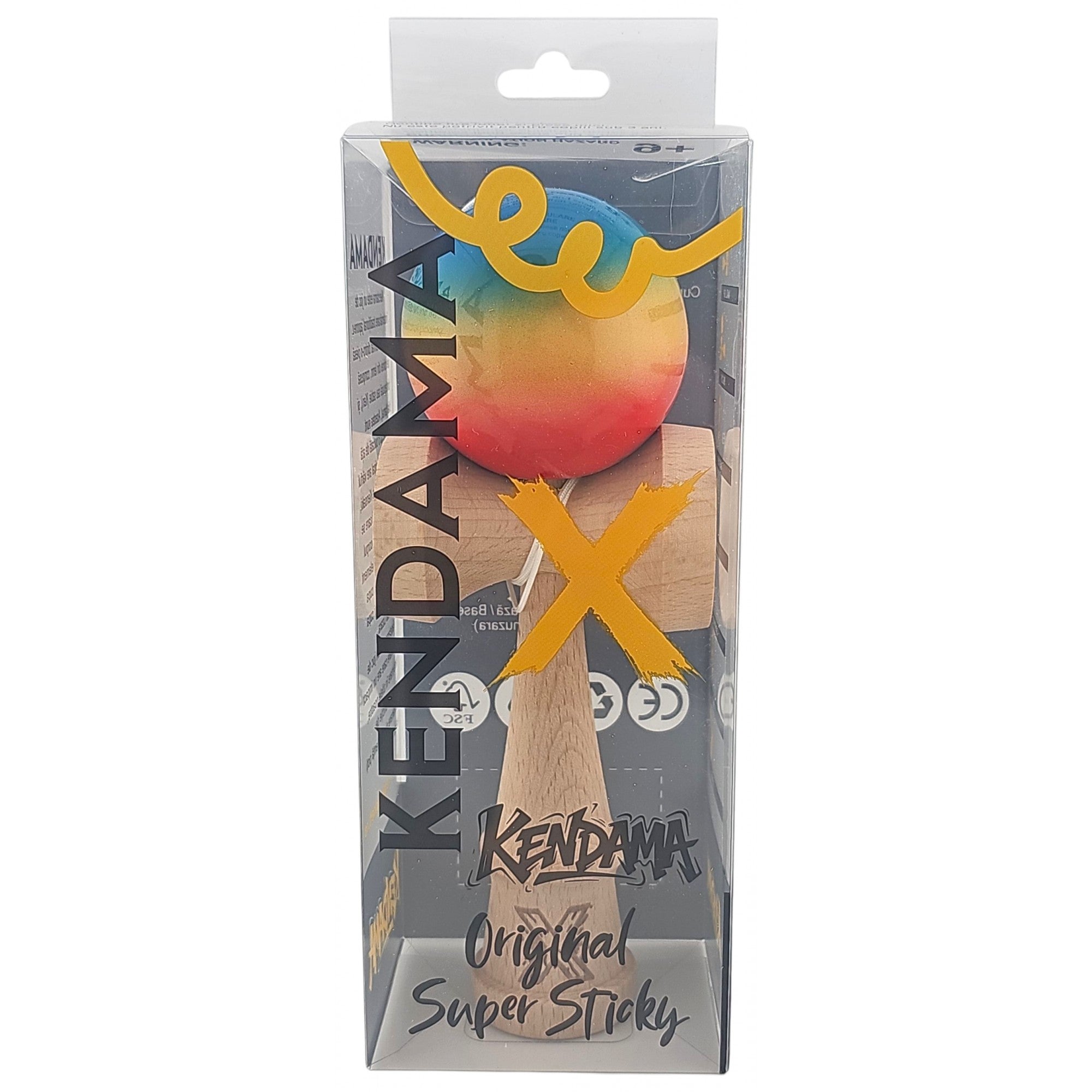 Kendama X Originala, Profesionala, Super Sticky din Lemn, 18 cm, Gradient Rosu/Galben/Albastru