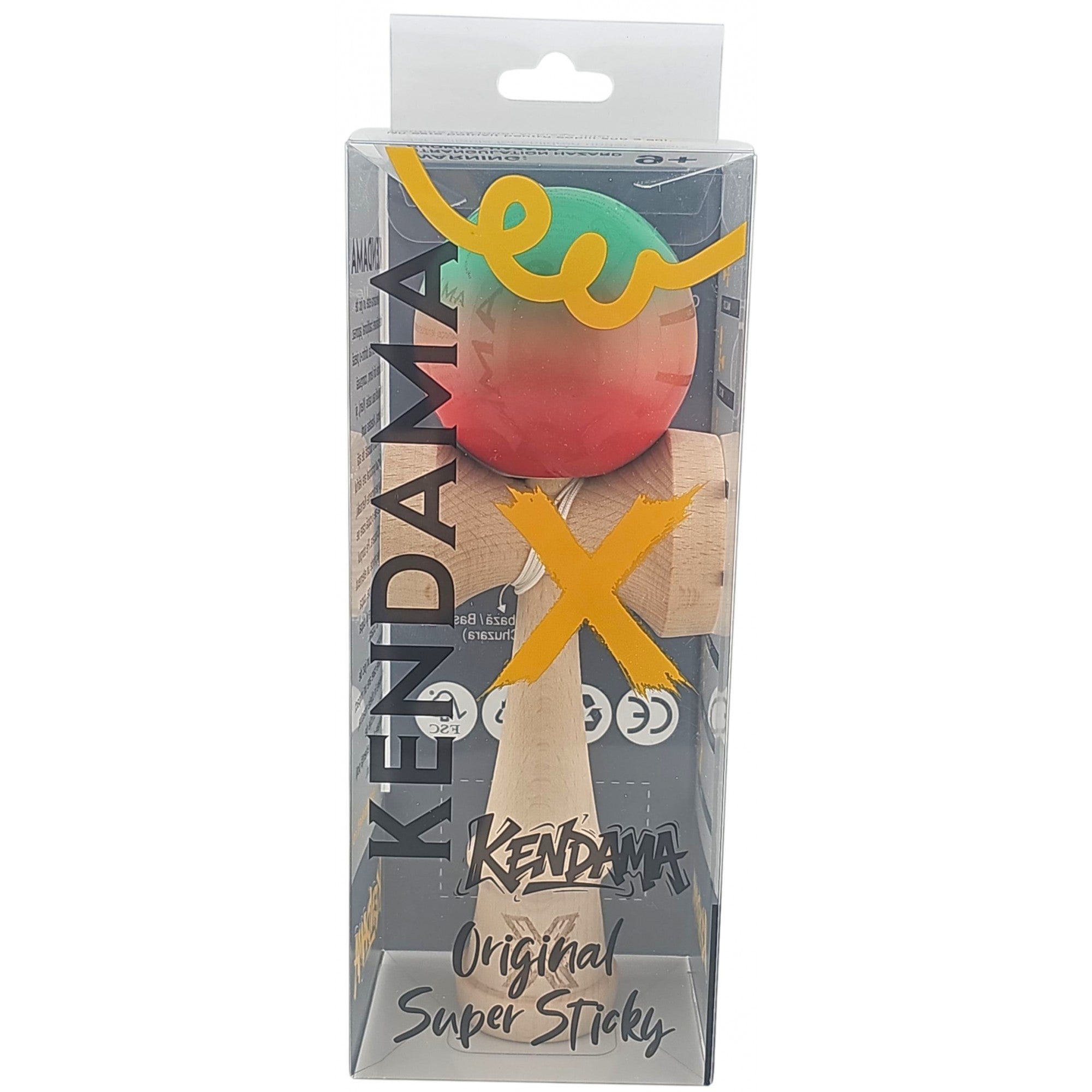 Kendama X Originala, Profesionala, Super Sticky din Lemn, 18 cm, Gradient Rosu/Verde