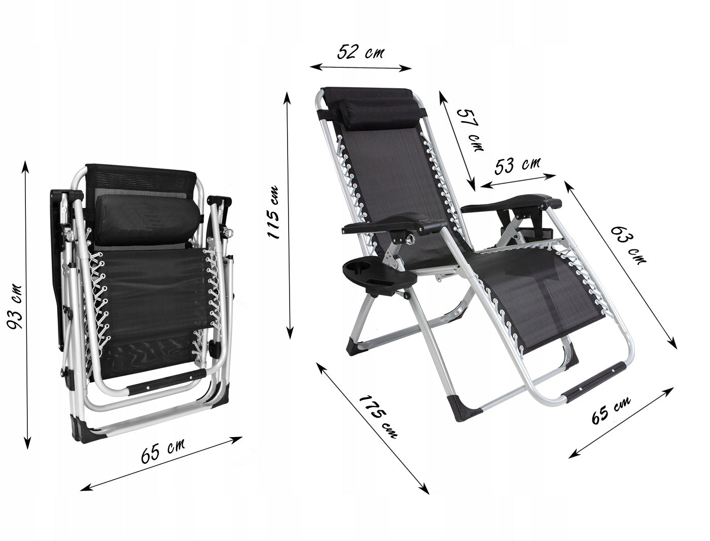 Sezlong pliabil gravitate zero, 175x65 cm, cu masuta si buzunar organizator, 120 kg, negru