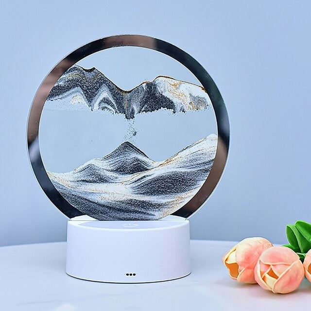 Lampa decorativa tip clepsidra, imagine 3D dinamica, nisipuri miscatoare, 16 x 18.5 cm, Gri/Auriu
