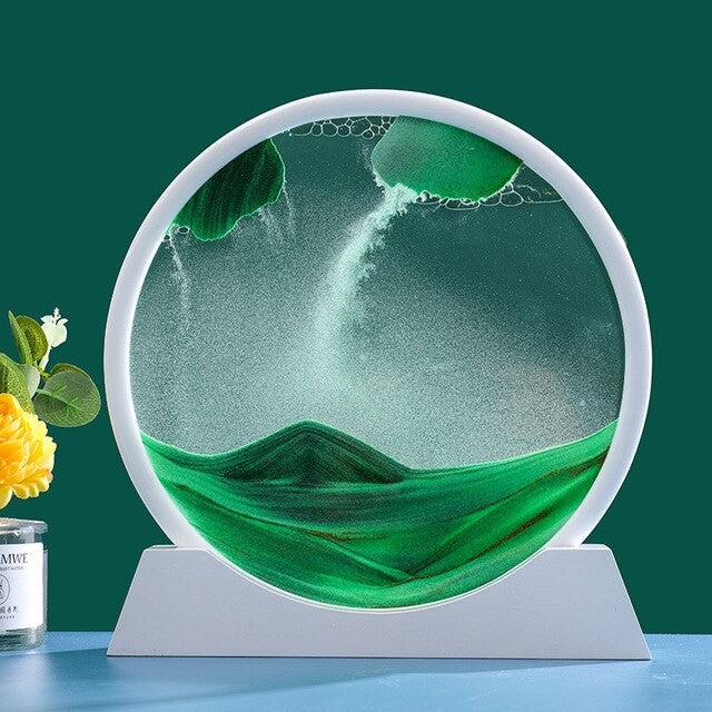 Clepsidra decorativa, imagine 3D dinamica, nisipuri miscatoare, 25x26.5 cm, cadru alb, Verde smarald