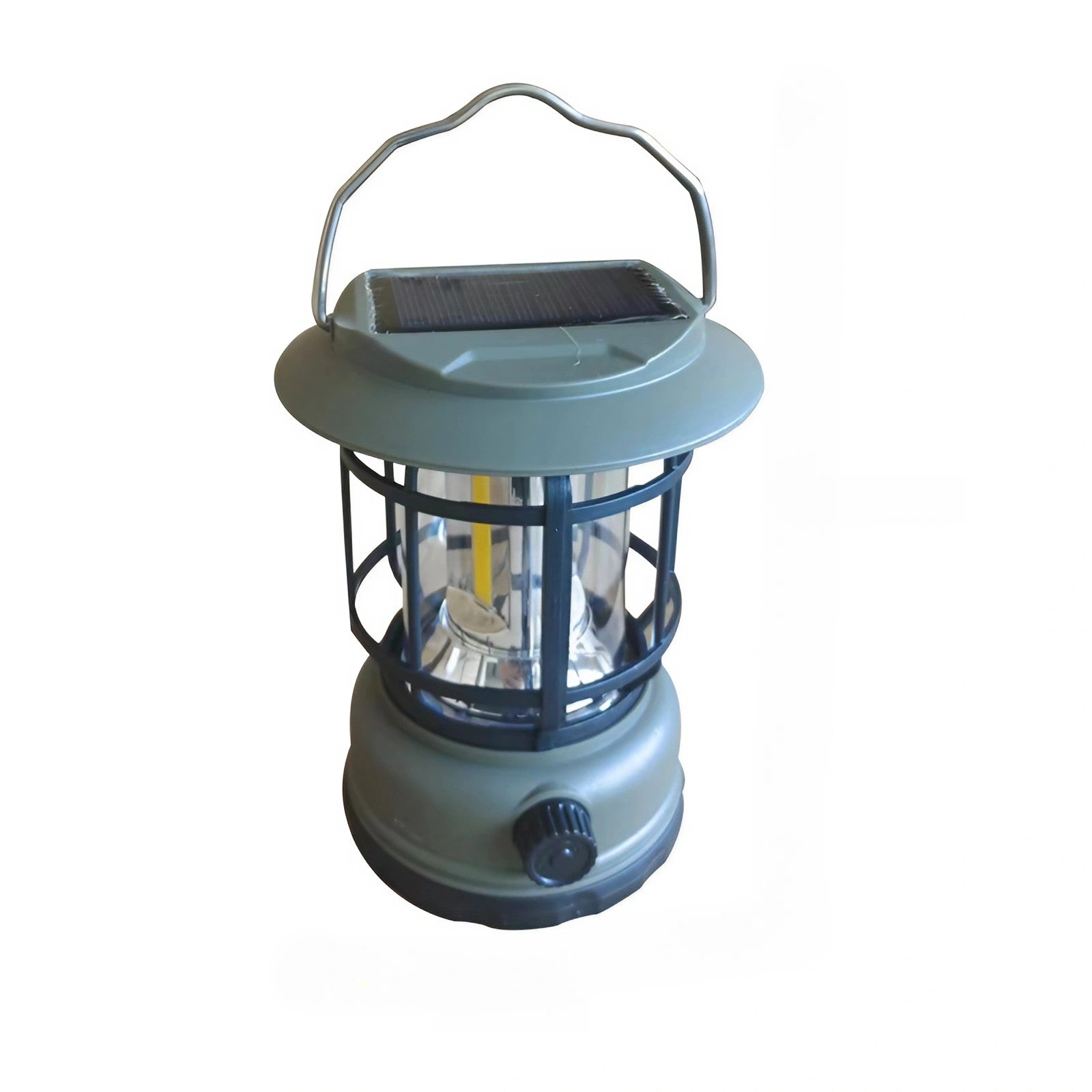 Lampa portabila camping, Felinar Vintage, ABS, Iluminare 30 COB LED, Intensitate reglabila, Acumulator inclus, Incarcare Solara si USB, 5W, Verde