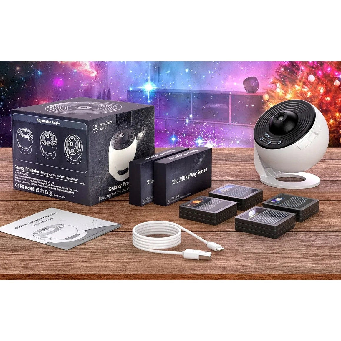 Lampa Tip Proiector Galaxie, pentru Dormitor, Tematica Cer Instelat, Model Glob, HD, Rotire 360 de Grade, 20 de Imagini, Incarcare USB, 10 W, 15x15 cm, Alb Negru