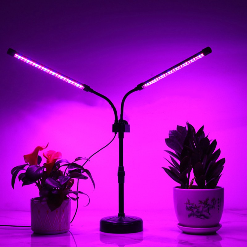 Lampa UV pentru cresterea plantelor, Alimentare cu USB, 10W, 2 capete, 48 LED-uri, 9 nivele lumina, Timer, Inaltime Ajustabila pana la 65 cm Lumina Mov
