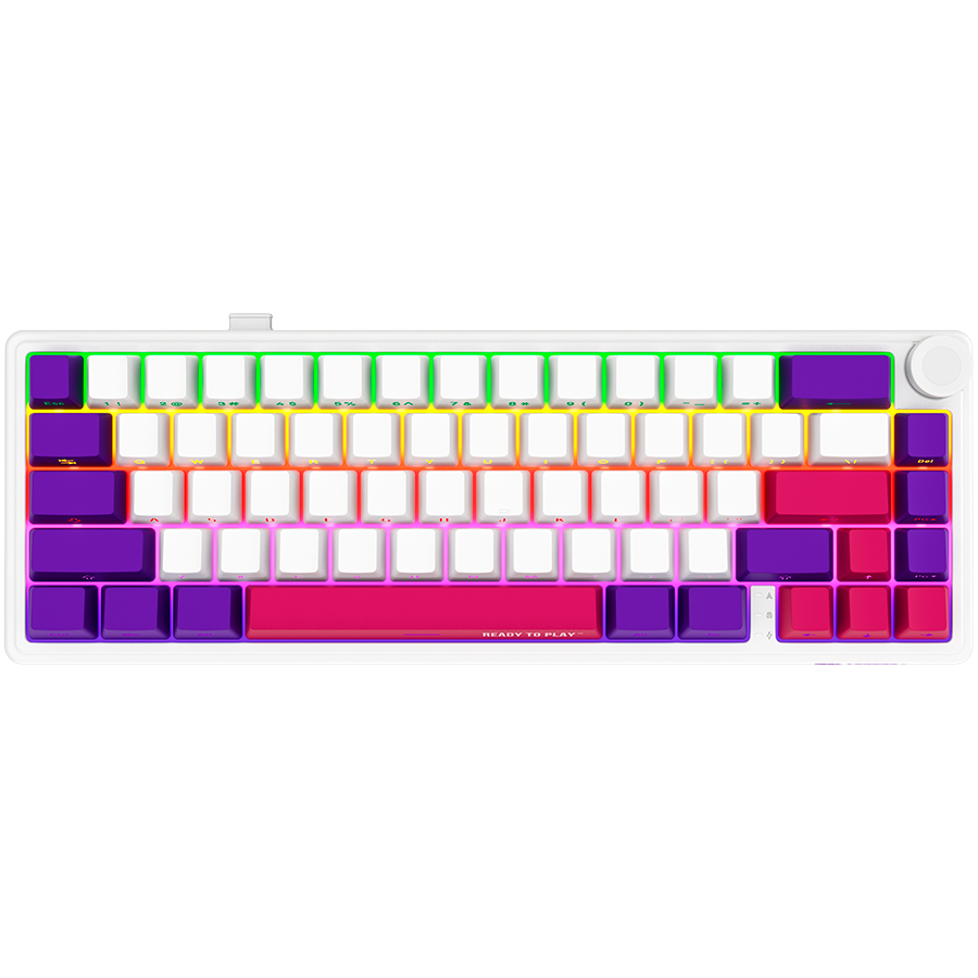 Wireless mechanical gaming keyboard Pro, 2.4 GHz, BT, RGB Backlight, 16 modes, 66 keys, 50M presses, multimedia knob, built-in 3750 mAh battery, Hot Swap,cable 2.3m, white red purple "LRG-KBP70MW-WH-US"