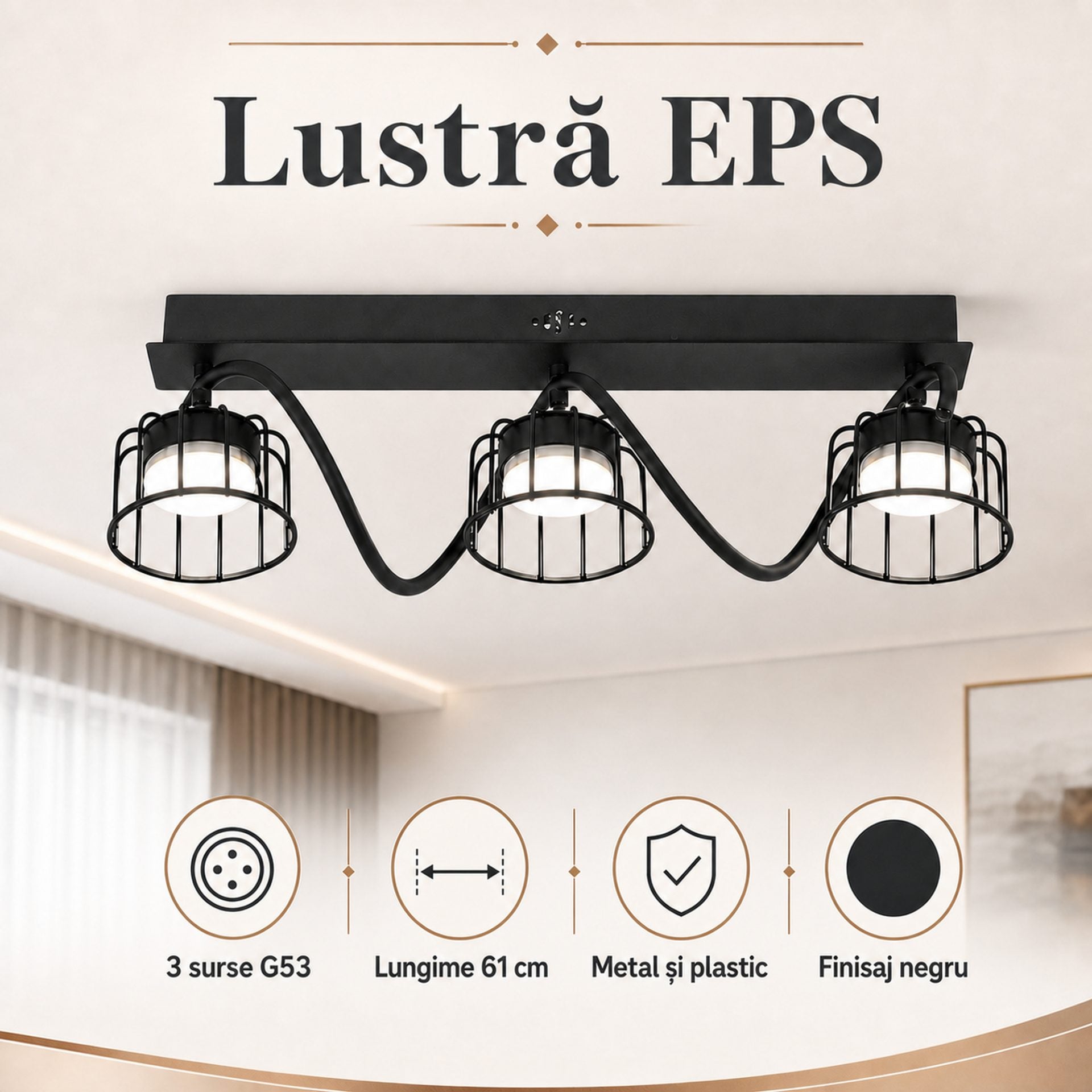 Lustra EPS, 3xGX53, 61x15cm, Metal si Plastic, Negru