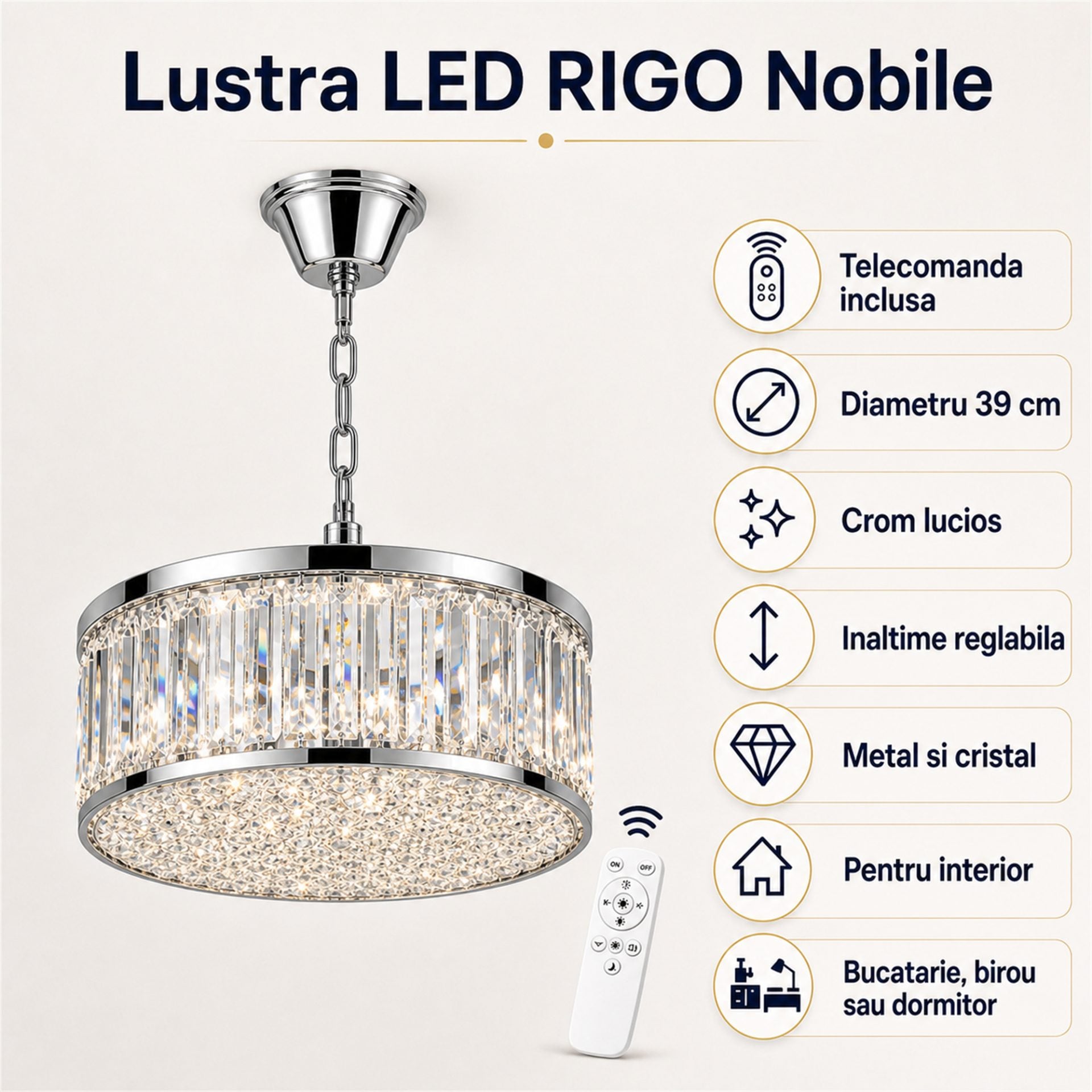 Lustra LED Cristal RIGO cu telecomanda Nobile Diametru 39cm, Crom Lucios, Inaltime Reglabila, Metal si Cristal