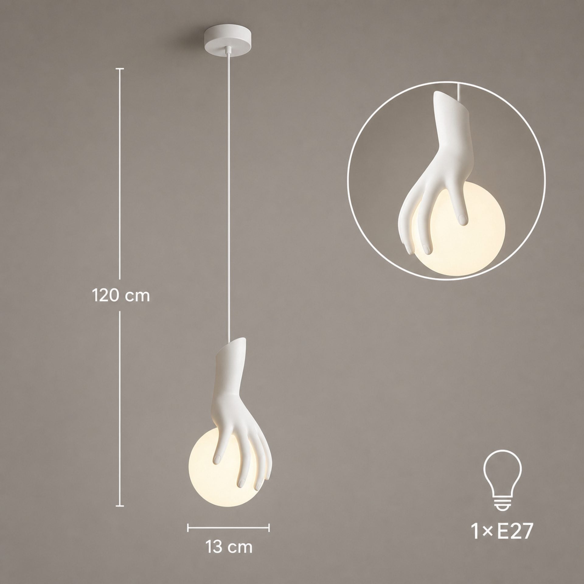 Lustra LED MANOS, 13x120cm, 1xE27, Sticla si Resina, Alb