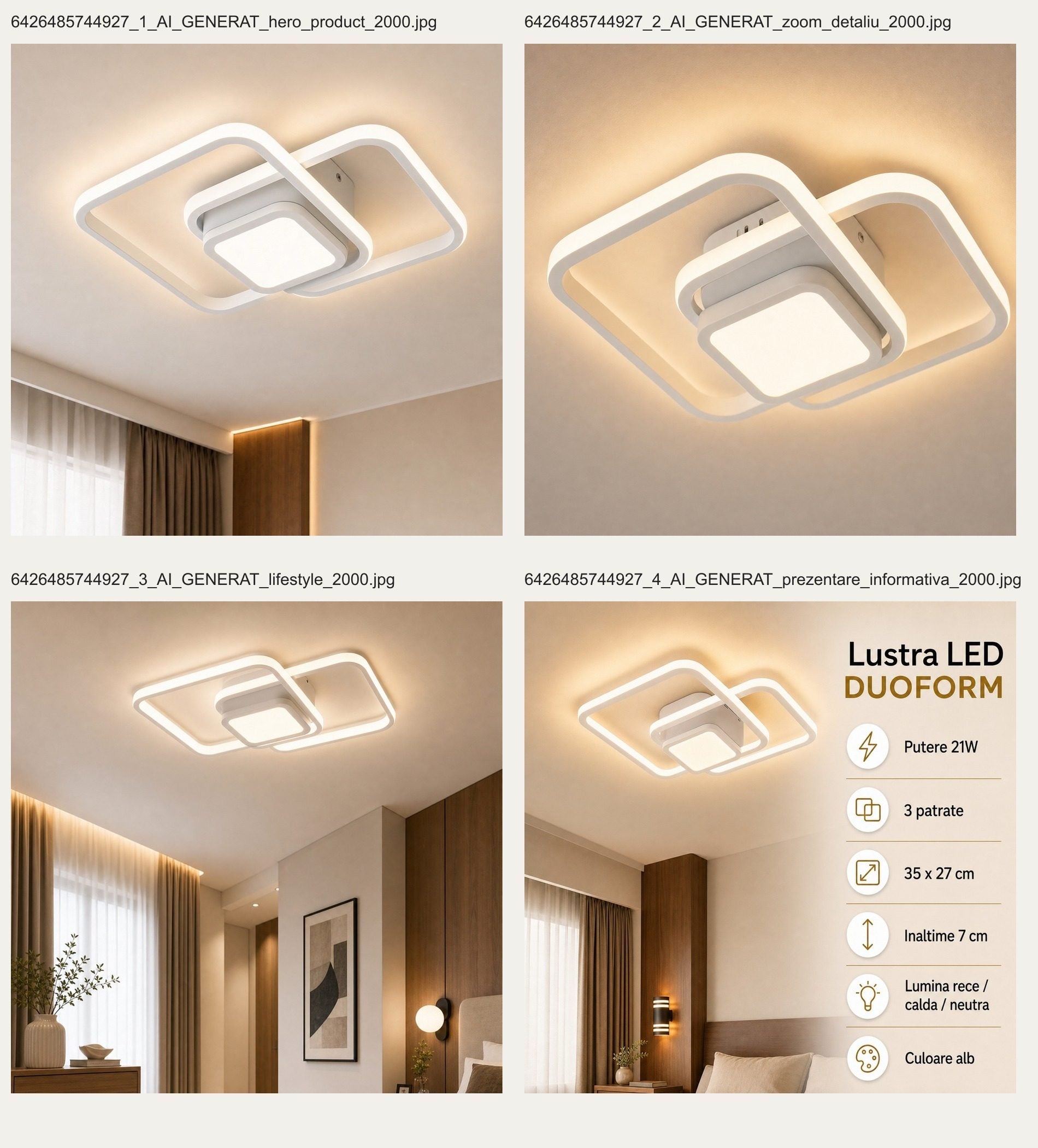Lustra LED Moderna DUOFORM, 21W, Design Geometric cu 3 Patrate, Lumina Calda/Neutra/Rece, Alb