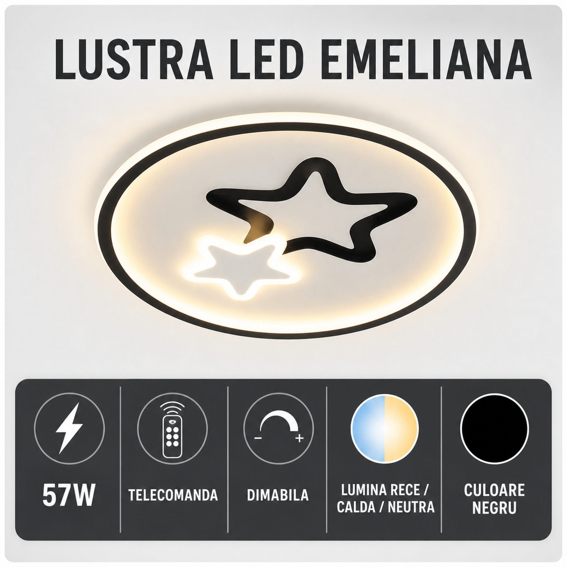 Lustra LED Moderna EMELIANA, 57W, Forma Luna si Stea, 3 Surse LED, Telecomanda, Intensitate Reglabila, 3000K/4000K/6000K, Negru/Alb