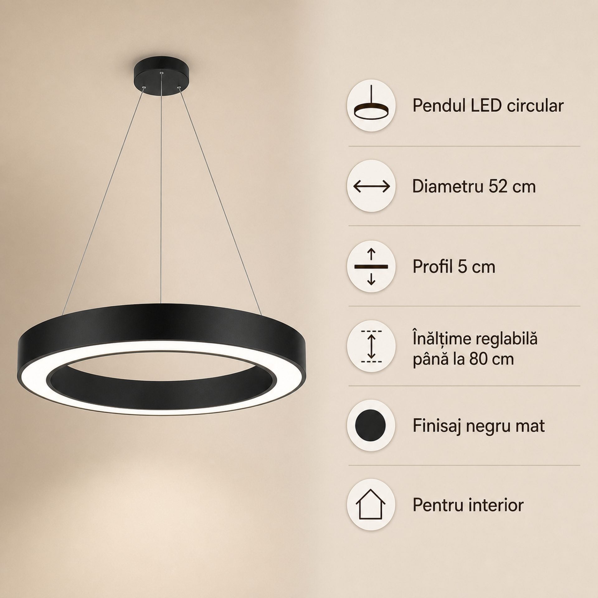 Lustra LED suspendata ANGLE, D52cm, 25W, Inaltime Reglabila, Lumina Rece, Negru, Metal si Acril