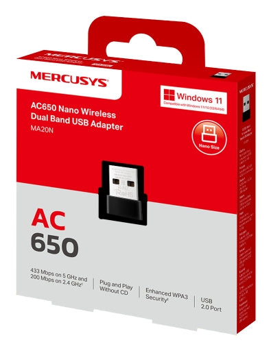 ADAPTOR RETEA MERCUSYS, nano AC650 extern wireless 2.4 GHz | 5 GHz, USB 2.0, 650 Mbps, "MA20N"