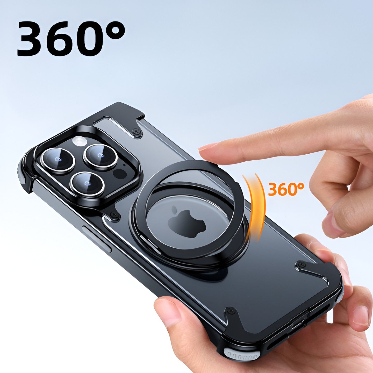 Husa de Protectie Compatibil cu iPhone 15 Pro Max, Incarcare Wireless, Tehnologie Magsafe, Inel Magnetic Rotativ 360 cu Functie de Suport, Rama Metalica, Carcasa din PC, Negru Transparent