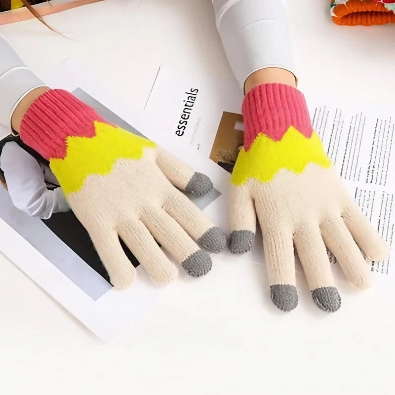 Manusi de Dama, Model Ondulat, Functie Touchscreen (ecran tactil), Material Acril Tricotat, Manseta Elastica, Interior Catifelat, Marime Universala, Galben/Roz