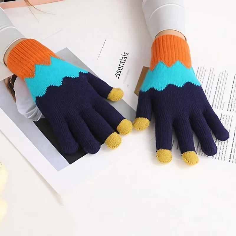 Manusi de Dama, Model Ondulat, Functie Touchscreen (ecran tactil), Material Acril Tricotat, Manseta Elastica, Interior Catifelat, Marime Universala, Portocaliu/Albastru