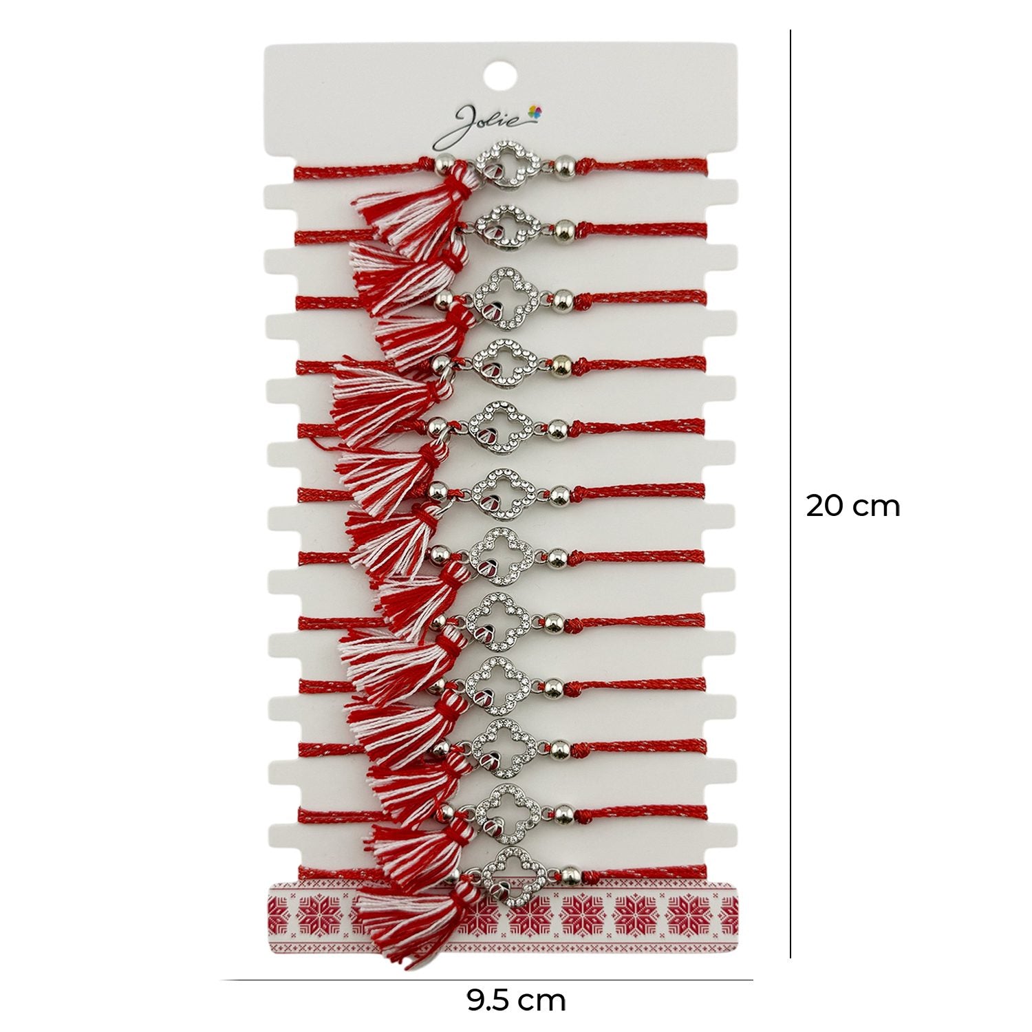 Martisor Bratara cu Ciucure pentru Dama, Model Trifoi Contur cu Buburuza, Set 12 bucati, Pandativ din Inox cu Pietre, Snur Reglabil, Rosu/Alb