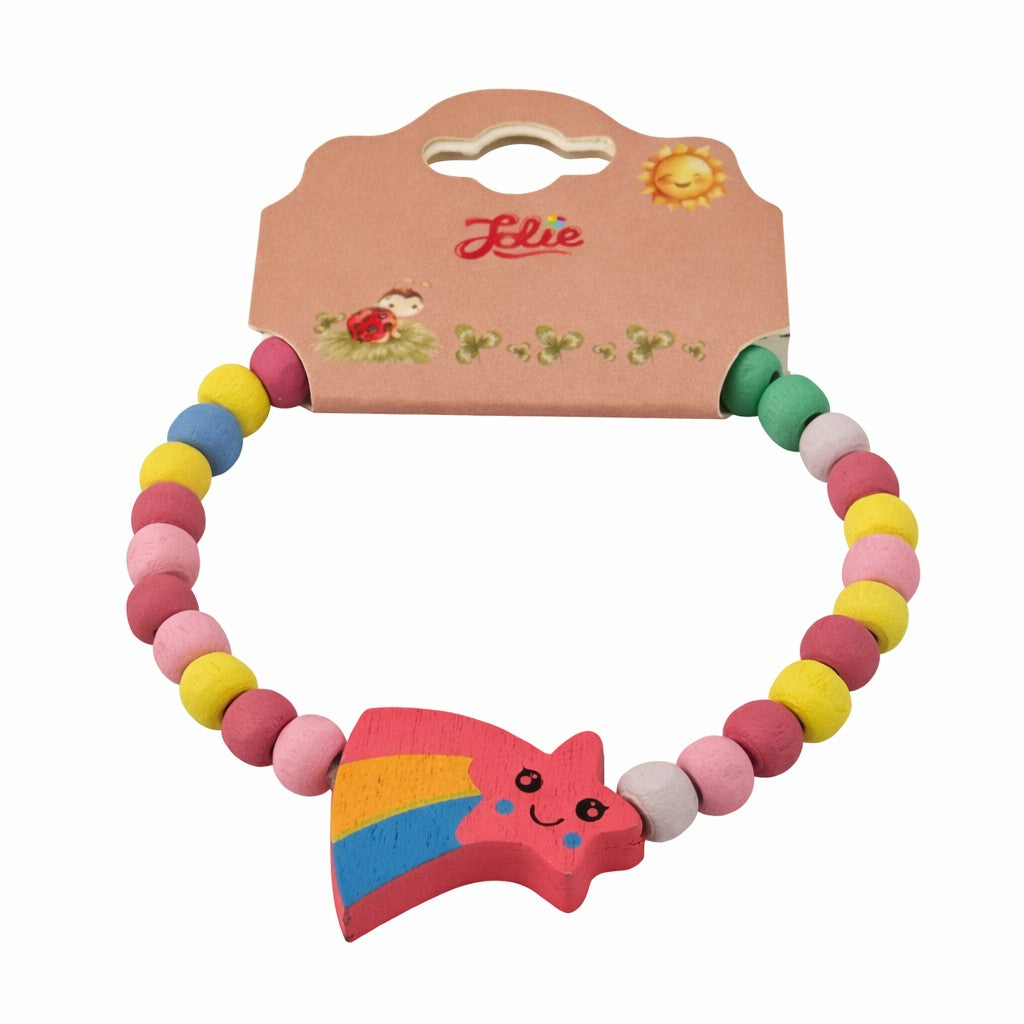Martisor Bratara pentru Copii, Pandativ Stea Rosie, tip Elastica cu Margele din Lemn Colorate