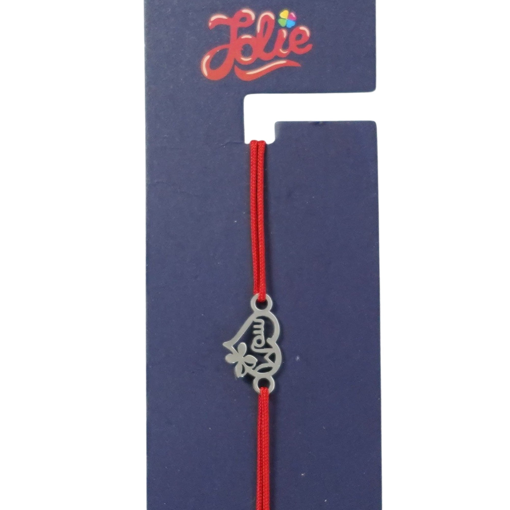 Martisor Bratara din Inox pentru Copii, Jolie, Textil si Inox, Snur Rosu, Model Inima Mama, Argintiu