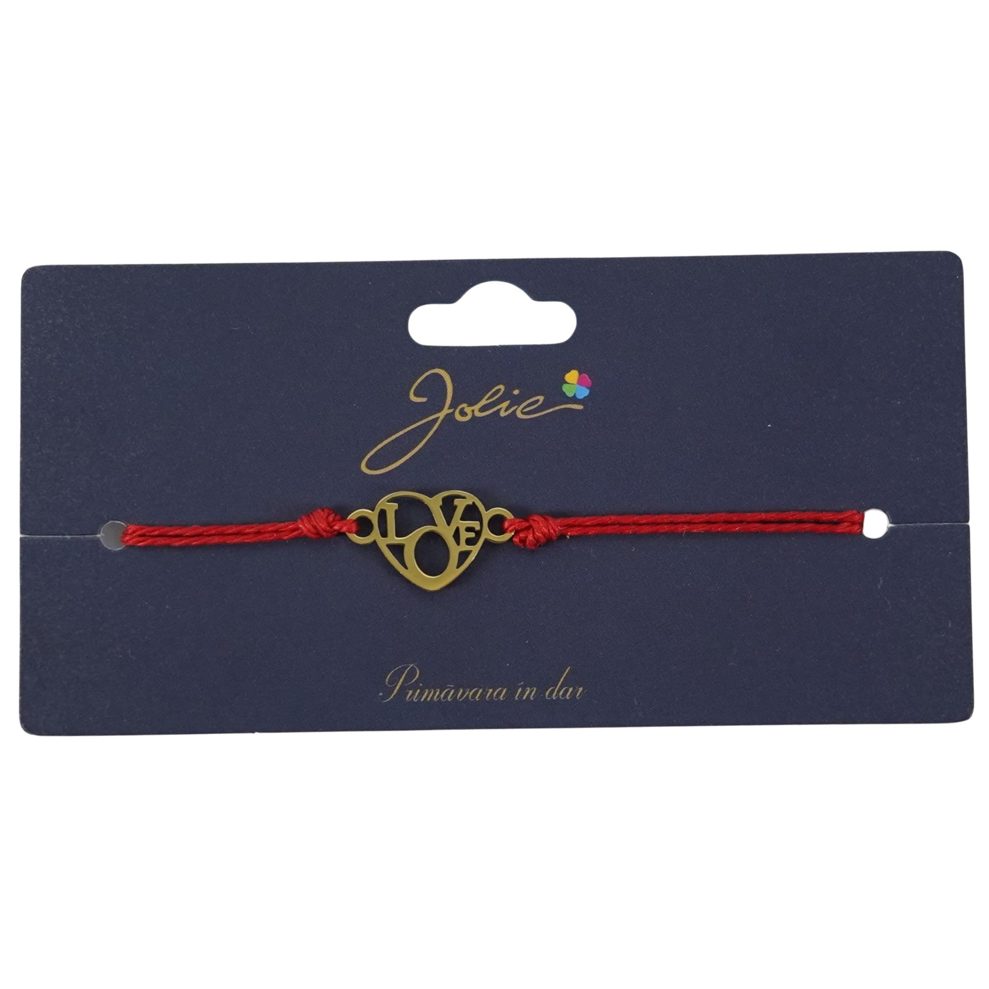 Martisor Bratara Primavara, Textil si Inox, Jolie, Snur Rosu, Model Inima Love, Auriu