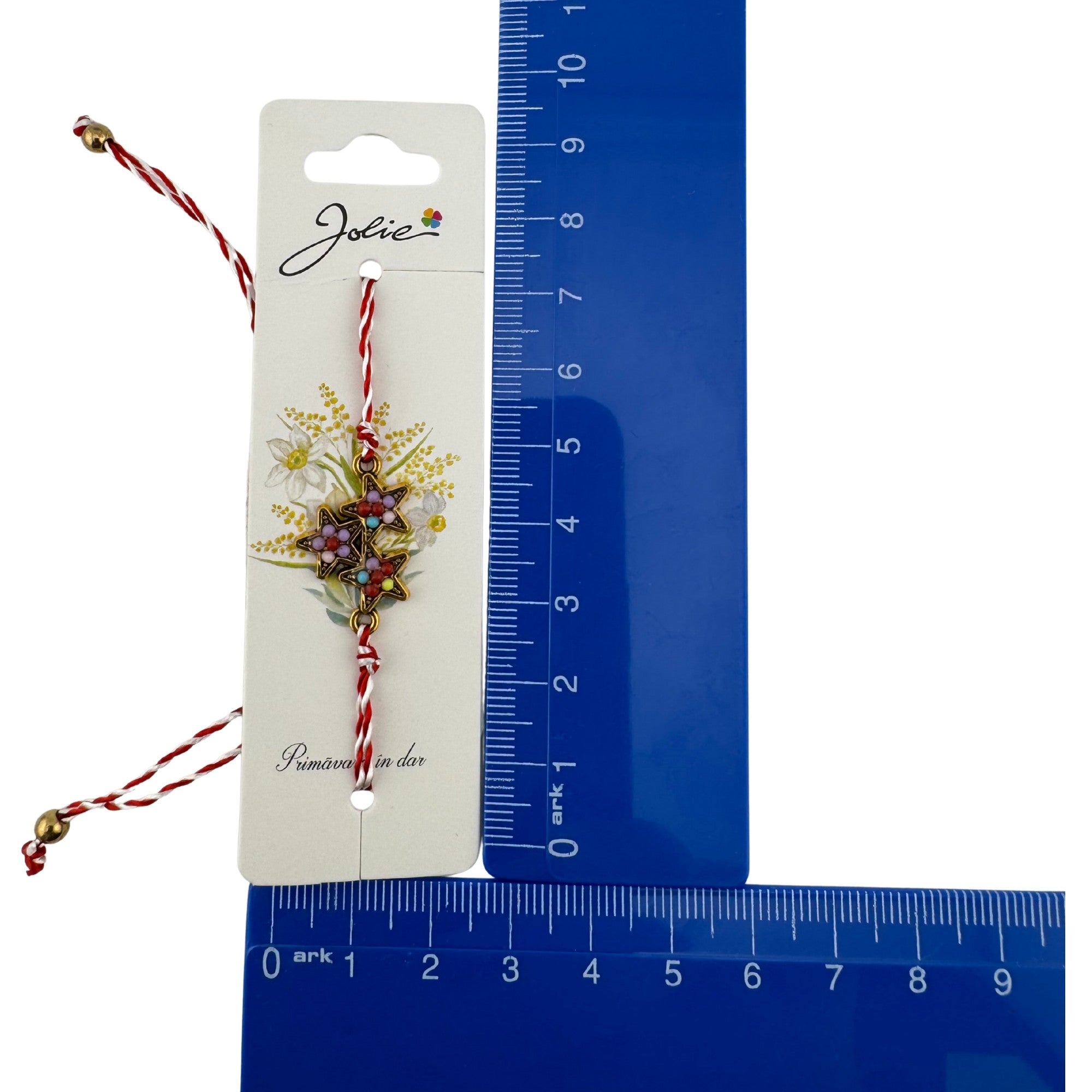 Martisor Bratara Snur Alb-Rosu, Pandantiv Metalic, Model Stelute Colorate