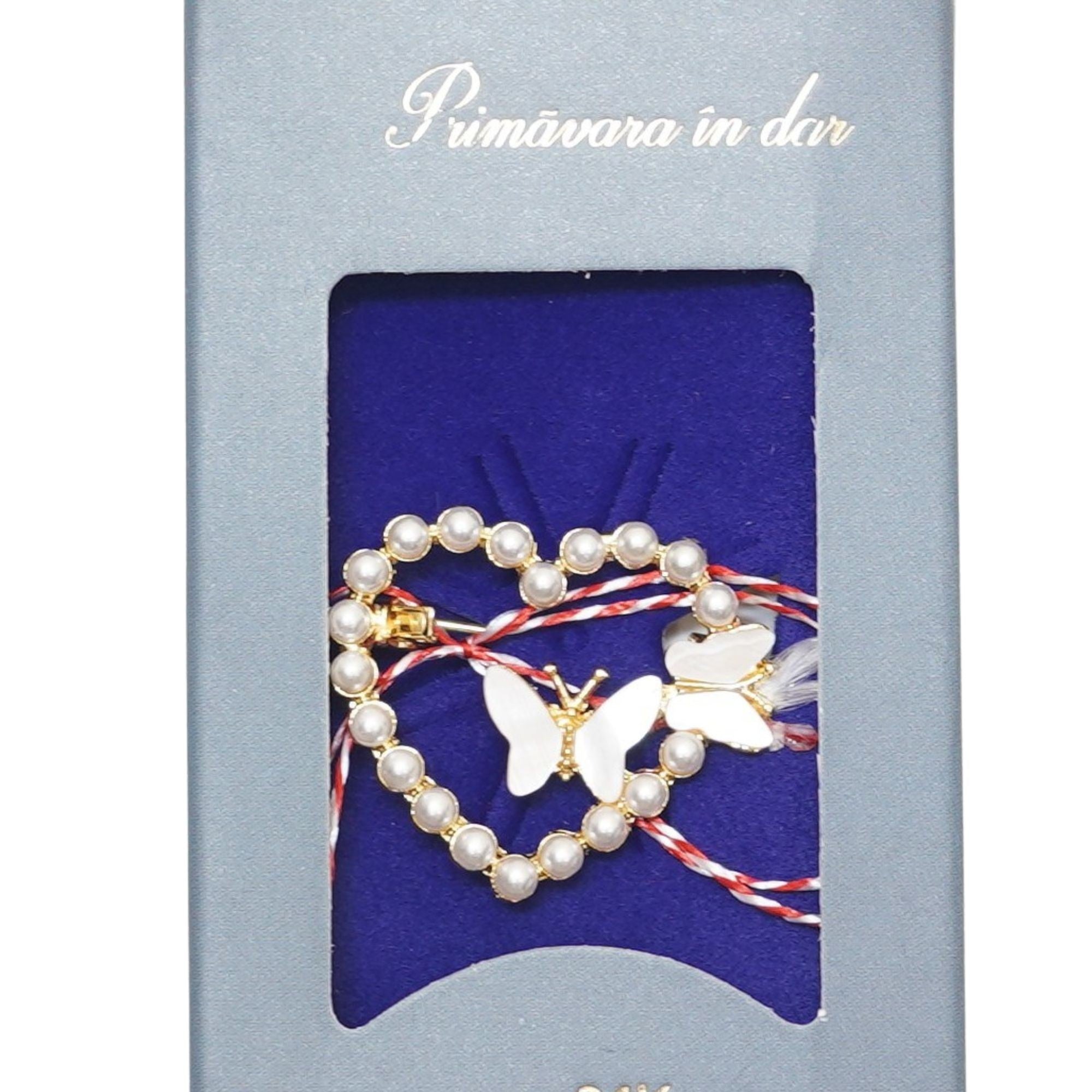 Martisor Brosa Placata cu Aur 24K, Ambalaj Carton cu Design, Material Metal, Model Inima, Dimensiune Brosa 2 - 3 cm, Auriu/Alb