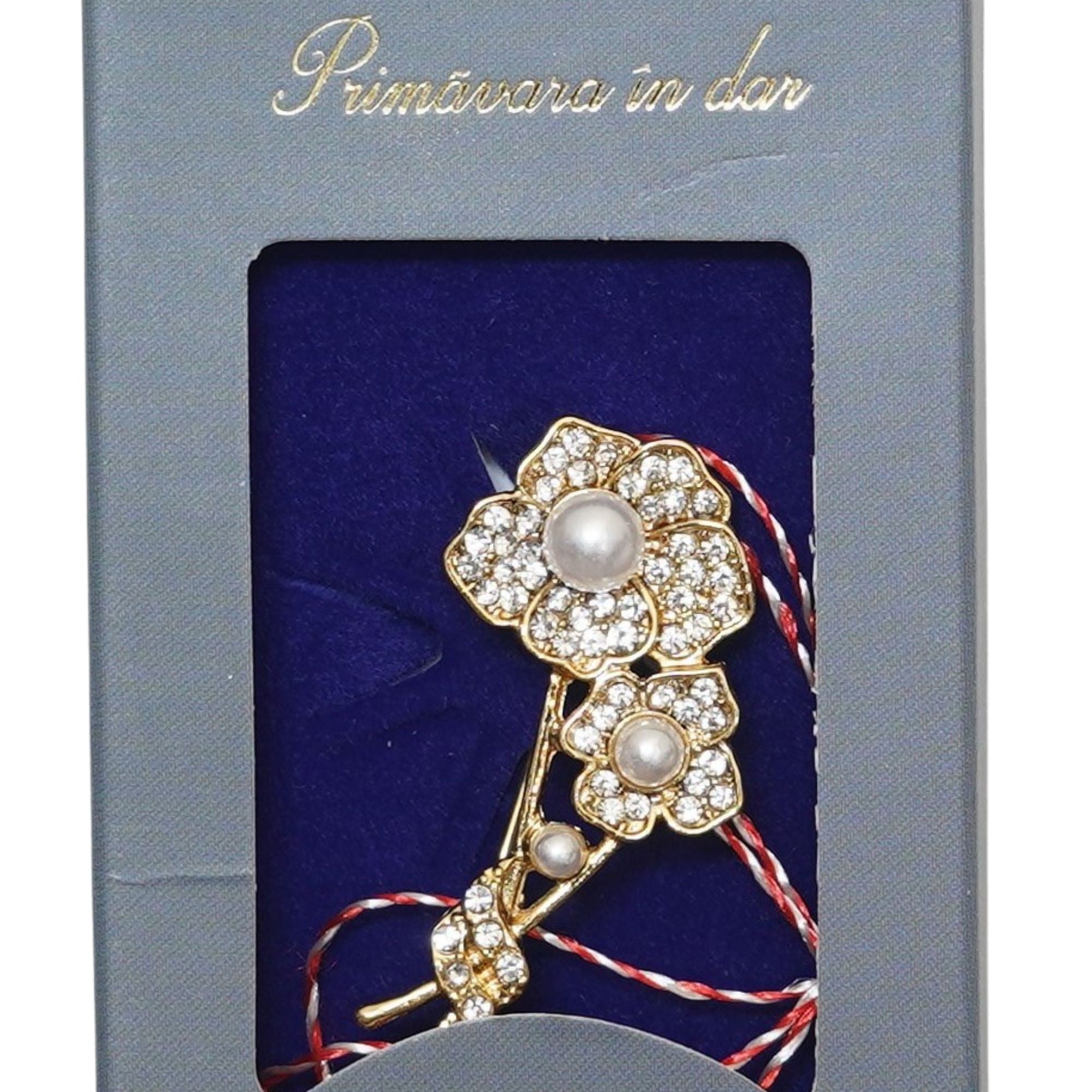 Martisor Brosa Placata cu Aur 24K, Ambalaj Carton cu Design, Material Metal, Model Floare, Dimensiune Brosa 2 - 3 cm, Auriu/Rosu